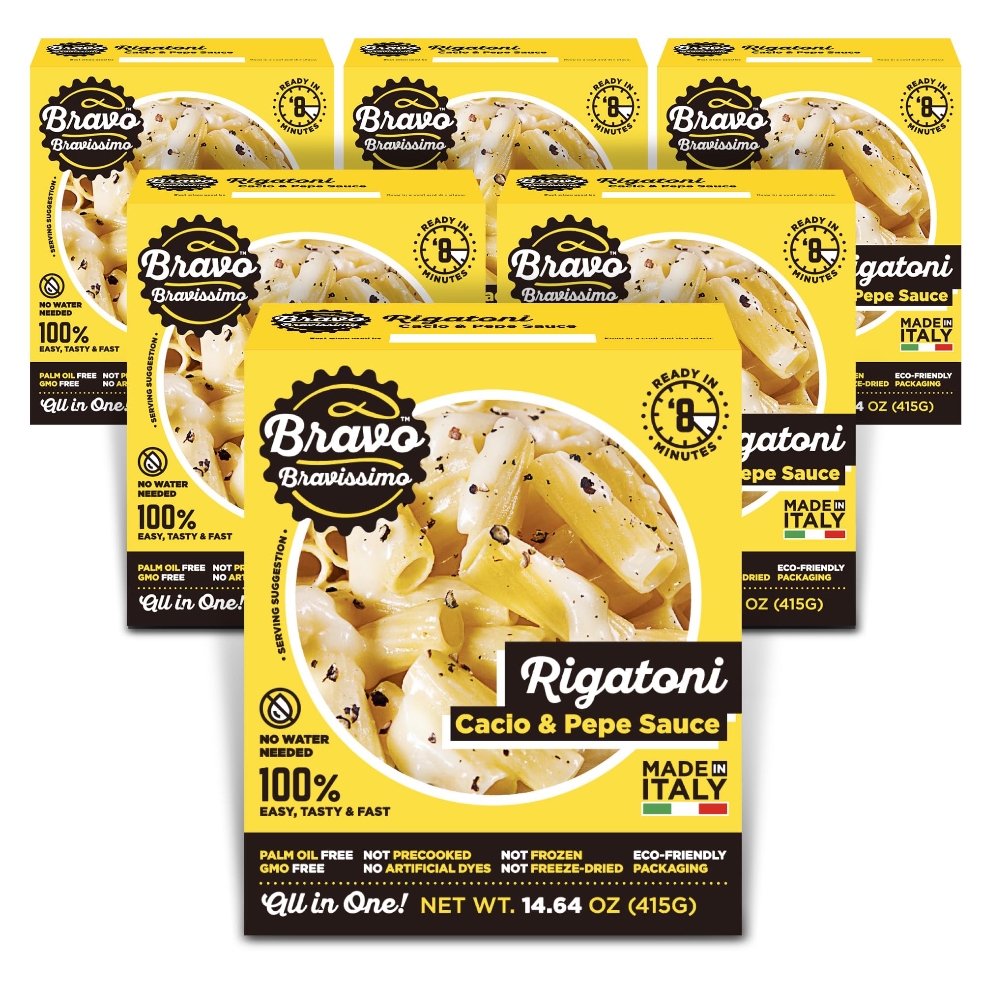 Bravo Bravissimo Rigatoni Italian Pasta Meal - Gourmet, 100% Vegetarian, Cacio & Pepe Sauce Flavor, Microwaveable, Ready in Minutes, No Refrigeration, Perfect for Quick Meals - 14.64 oz, 6 Pack