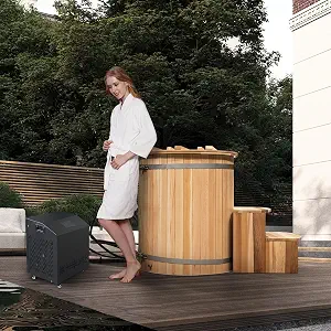 Cold Plunge Tub with 1HP Chiller, 2 Person Red Cedar Ice Bath Tub, 500L, Cooling and Heating, Stainless Steel Base, WiFi, Ozone UV, Circulation Pump, Bucket Cover, Wooden Stool (37-107°F)