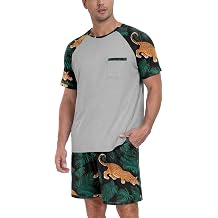 PrinStory Mens Pajama Sets Summer Pjs Sleepwear Nightwear Lightweight Quick Dry Soft Short Sleeve Sleep Set With Pocket S-4XL