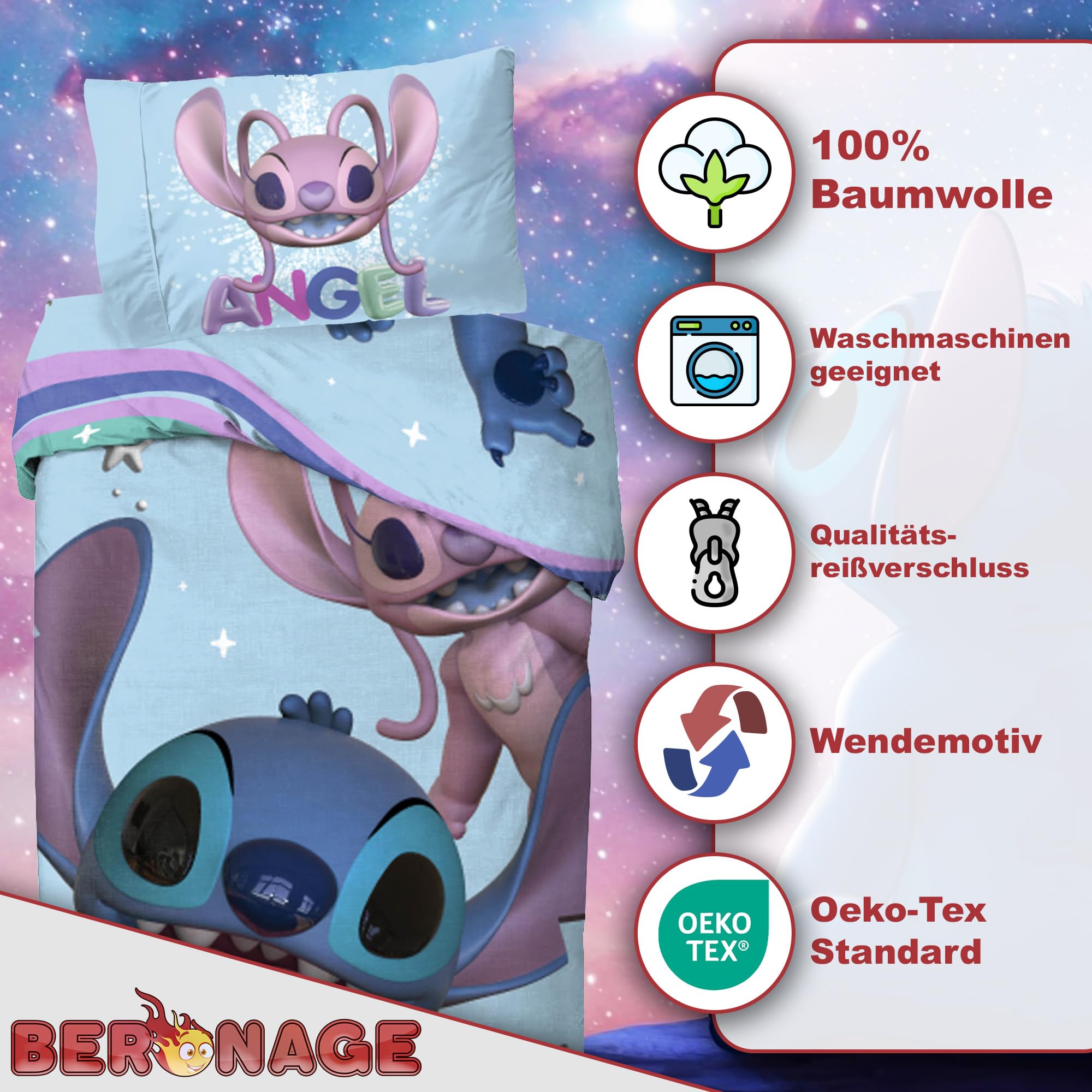 Lilo und Stitch Disney Kinder-Bettwäsche Set Angel Hearts - 135 x 200 cm + 80 x 80 cm - 100% Baumwolle Renforcé Linon-Qualität Wendebettwäsche Bettzeug Bettbezug mit YKK Reißverschluss Deutsche Größe
