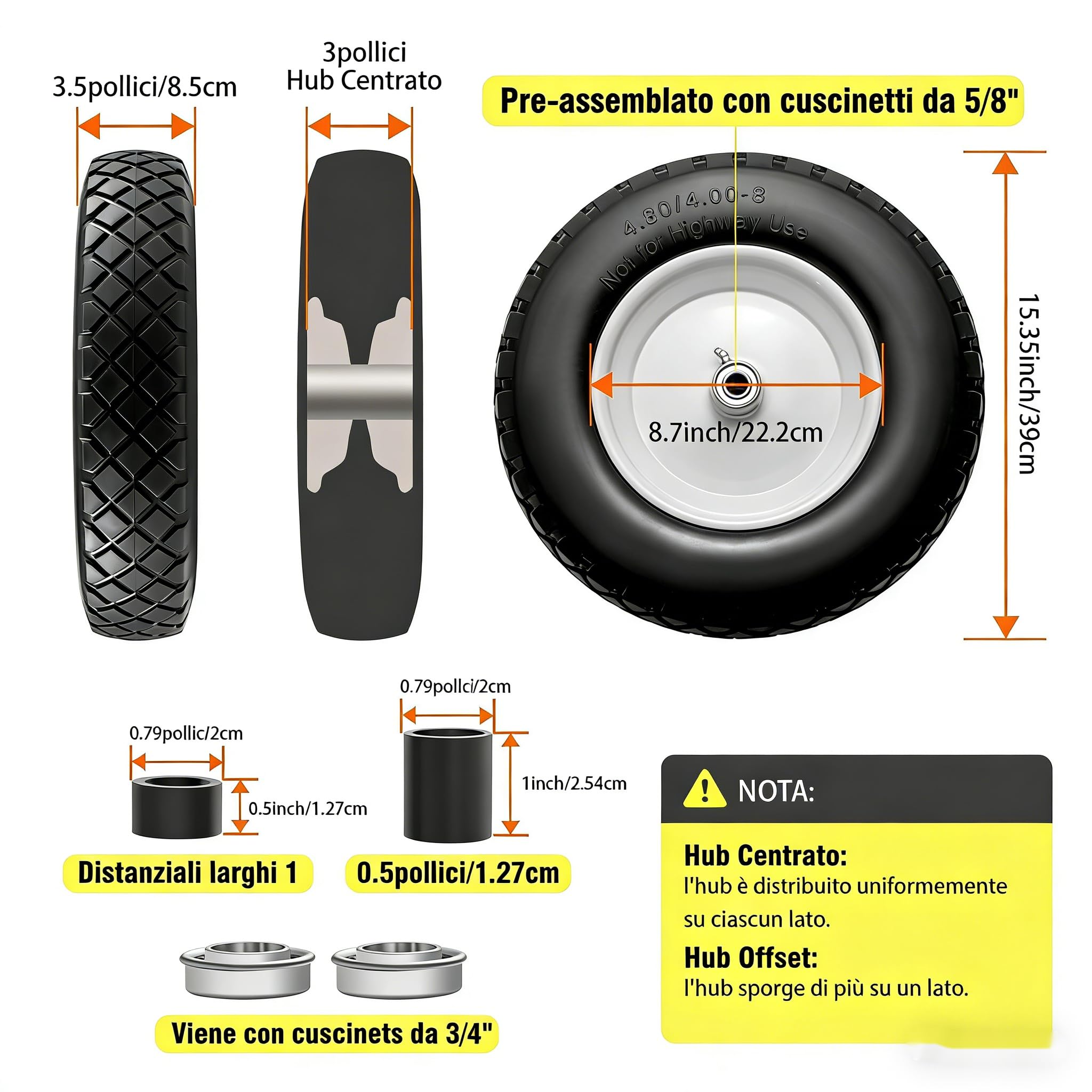 Pneumatico e Ruota Anti-pinchio 4.80/4.00-8" 2 PZ, Ruota Solida da Carrello 38,99 cm con Cuscinetti 15,88 mm & 19,05 mm, Mozzo Centrato 7,62-17,78 cm,per Carrello a Mano/Remorchio da Giardino/Carretto