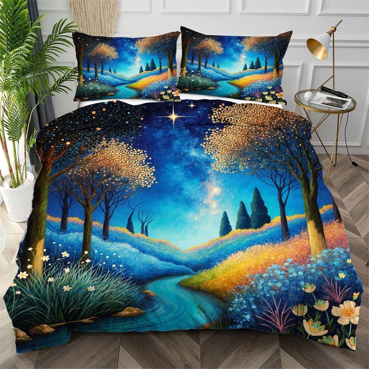Housse de couette 140x200 bleu avec 2 taies d'oreiller microfibre