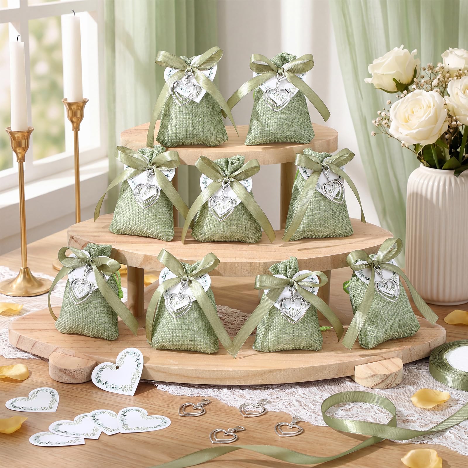 BBTO 36 Set Sacchetti per Confetti in Lino Sacchettini Bomboniere Matrimonio Comunione Cresima con Portachiavi Cuore e Bigliettino Nastri Sacchetti Regalo per Fidanzamento Battesimo Festa