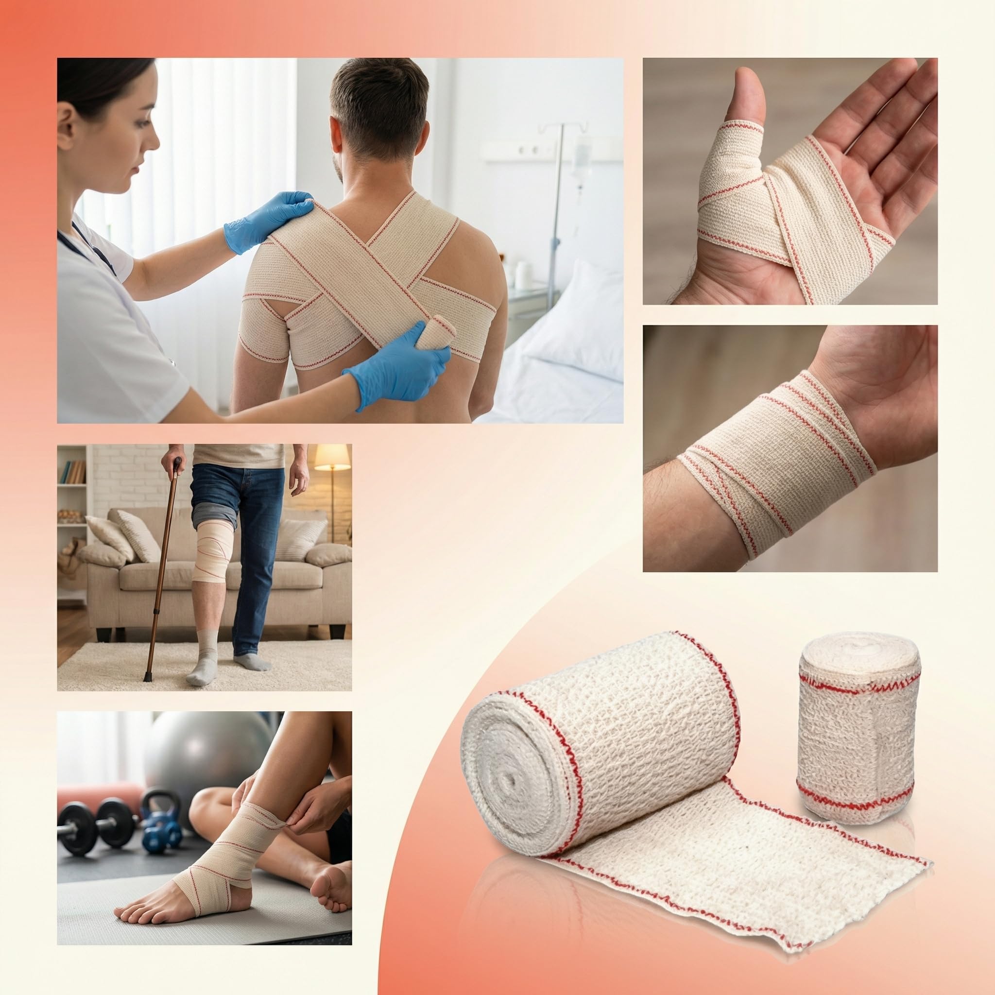 KMINA Venda de Crepe Elastica (10 unidades) 5 cm x 4 m Algodon Transpirable y Lavable para Soporte y Fijacion