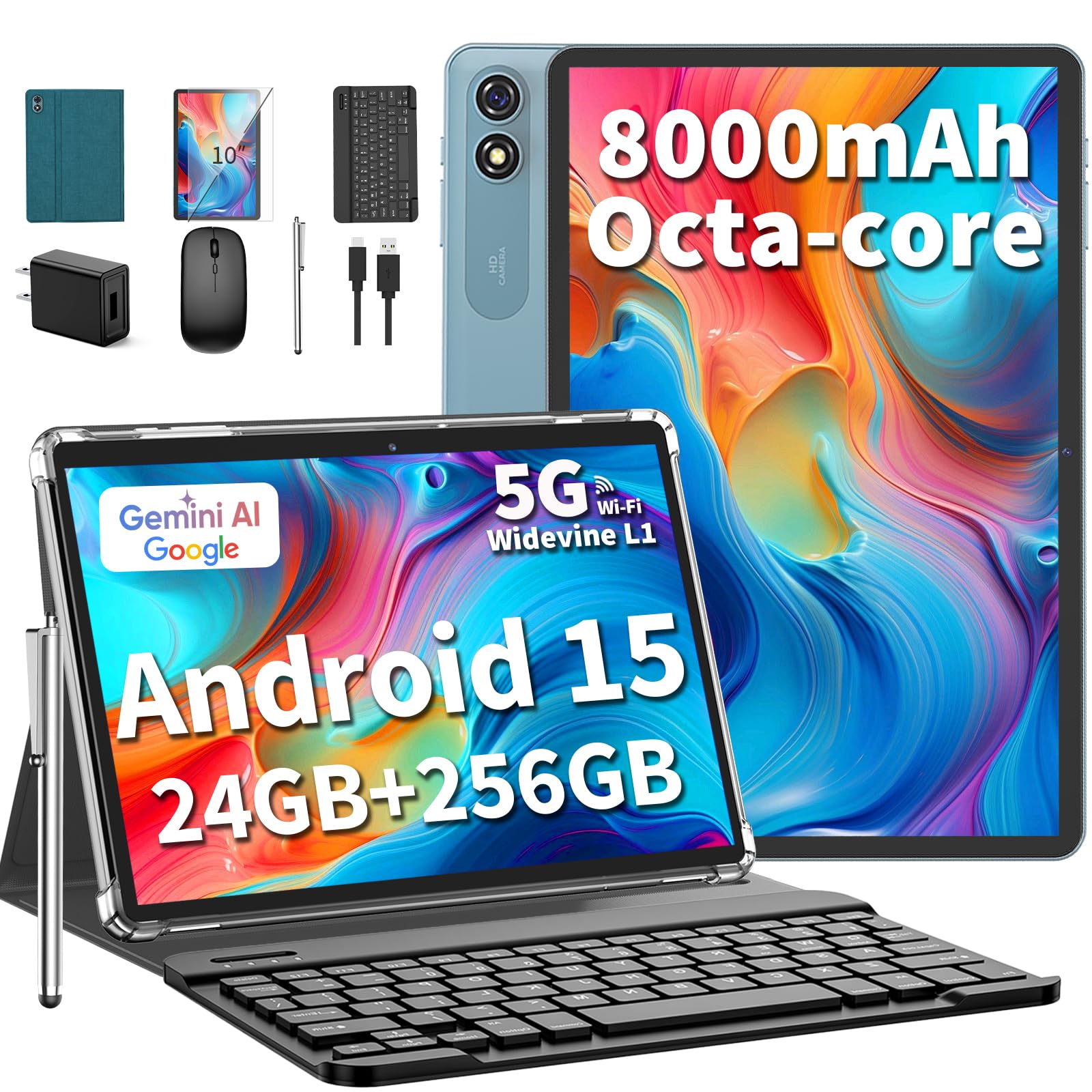yleebg - android 15 tablet with keyboard, 24gb+256gb+2tb expandable, 2 in 1 tablets with keyboard case, stylus pen, 8 cores, 8000mah, 5g wifi (green)