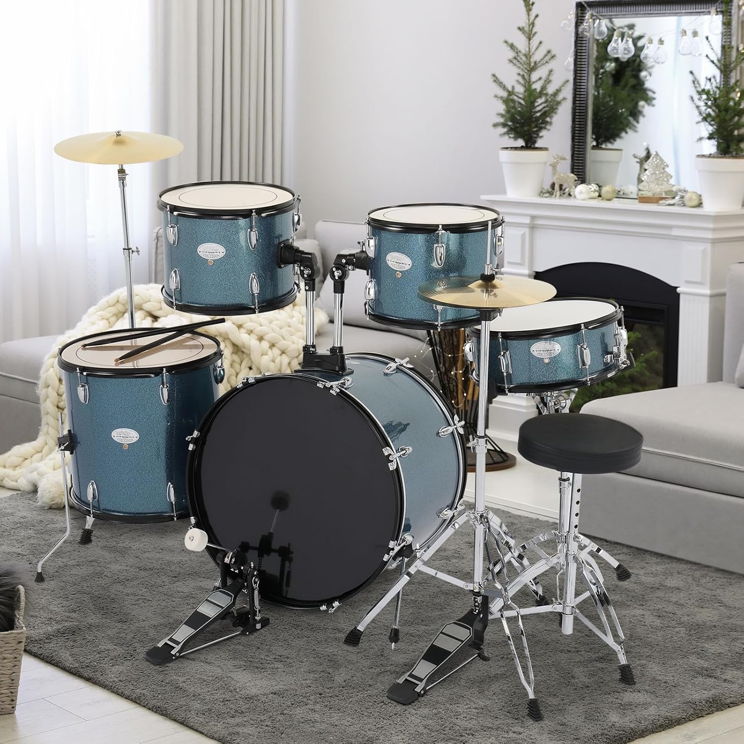 22 Inch Complete Adult Drum Set, 5-Piece Beginner Drums Kit with Cymbal Stands, Hi-hat Stand, Sticks, Drum Pedal, Stool & Floor Tom (Blue)