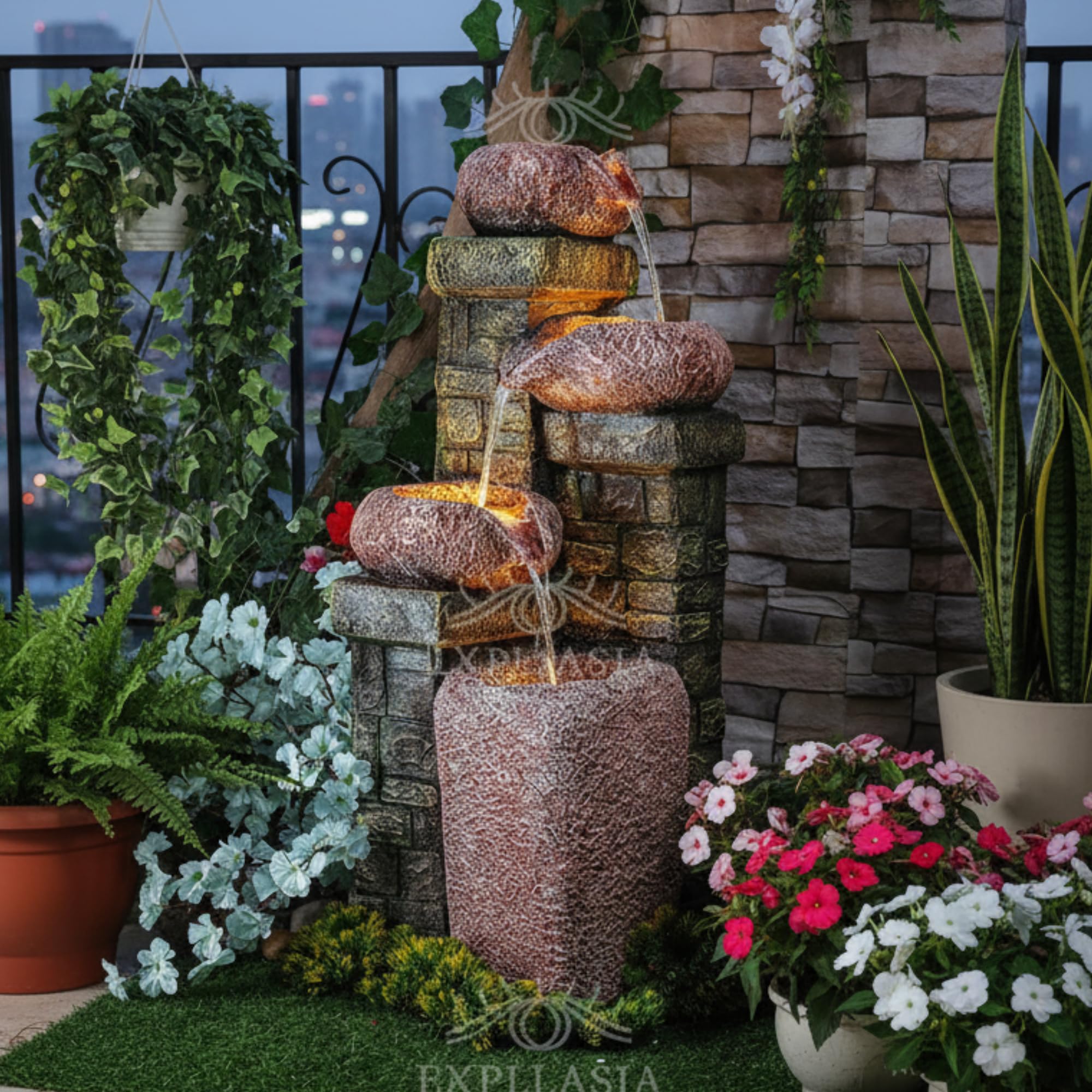 EXPLEASIA Tiered Cask Stone Brick Large Indoor/Outdoor Waterfall Fountain - Vastu Compliant - Big Size (Green)
