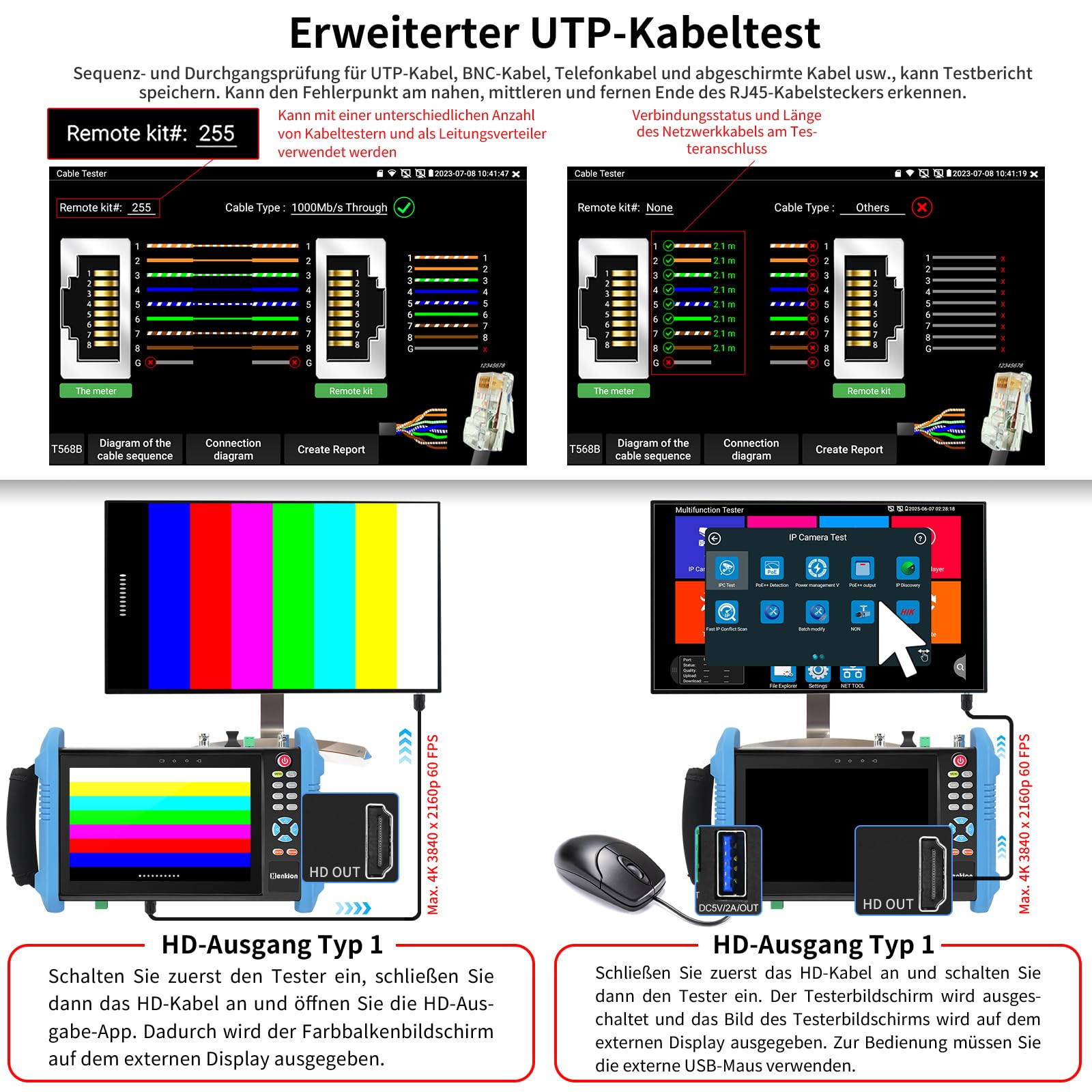 Henkion CCTV Kamera Tester, 8K 32MP 4K 12MP IP Kameratester mit POE++ 90W, 7" IPS Touchscreen Kabel Tester Netzwerk Tools Unterstützung 1CH SFP Schnittstelle IPC Tester IPC-9800CPro mit Kabelverfolger