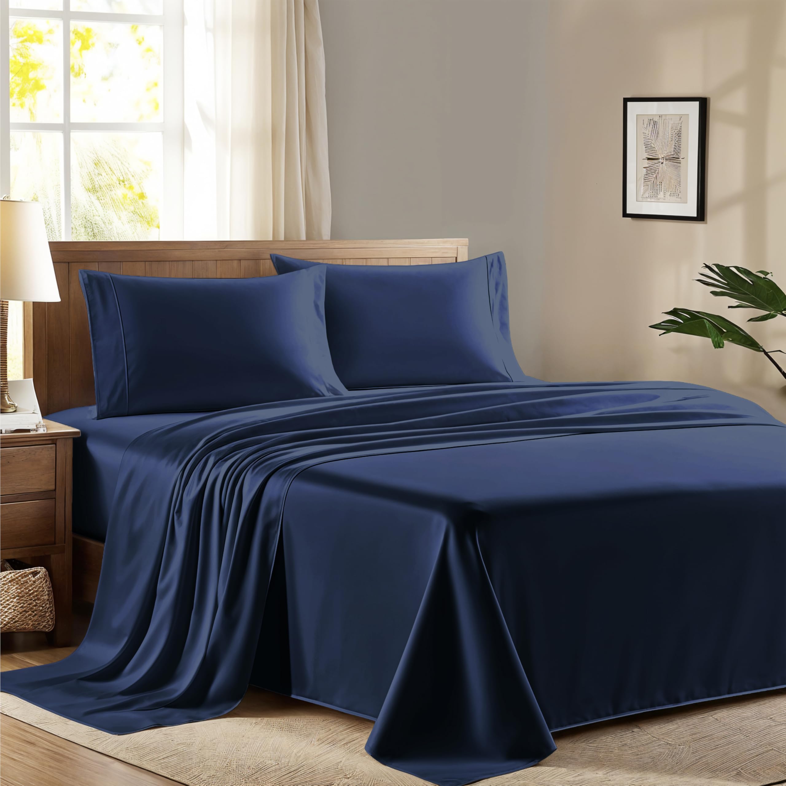 Ashton Sheets 100% Egyptian Cotton Full Size Sheet Set - 600 Thread Count Egyptian Cotton Sheets Set for Full Size Bed (4 Pc, Navy Blue), Soft,