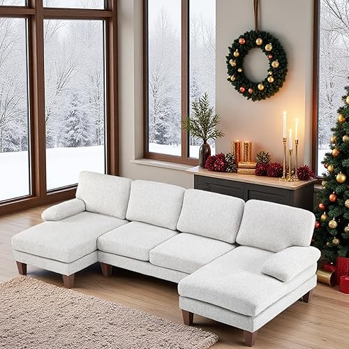 VINGLI 110' U-Shaped Sectional Couch with Two Chaise, Affordable Small Sofa with 4 Seats, Chenille Fabric Comfy Couches for Living Room, Beige