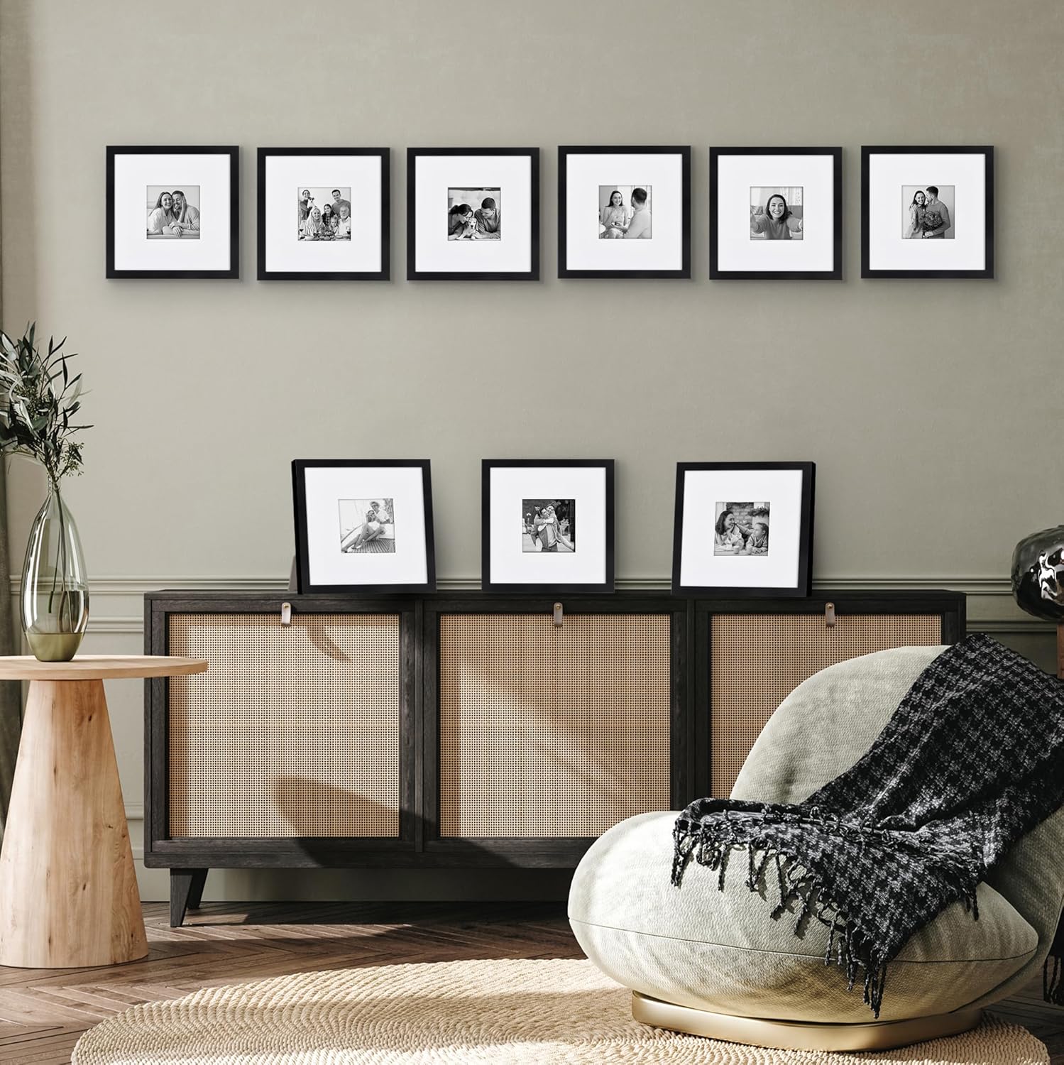 Americanflat 8x8 Picture Frame with Shatter-Resistant Glass - Set of 9 - Use as 4x4 Frame with Mat or Display 8x8 Photo Without Mat - Galleria Collection - Square Frames for Tabletop and Wall - Black