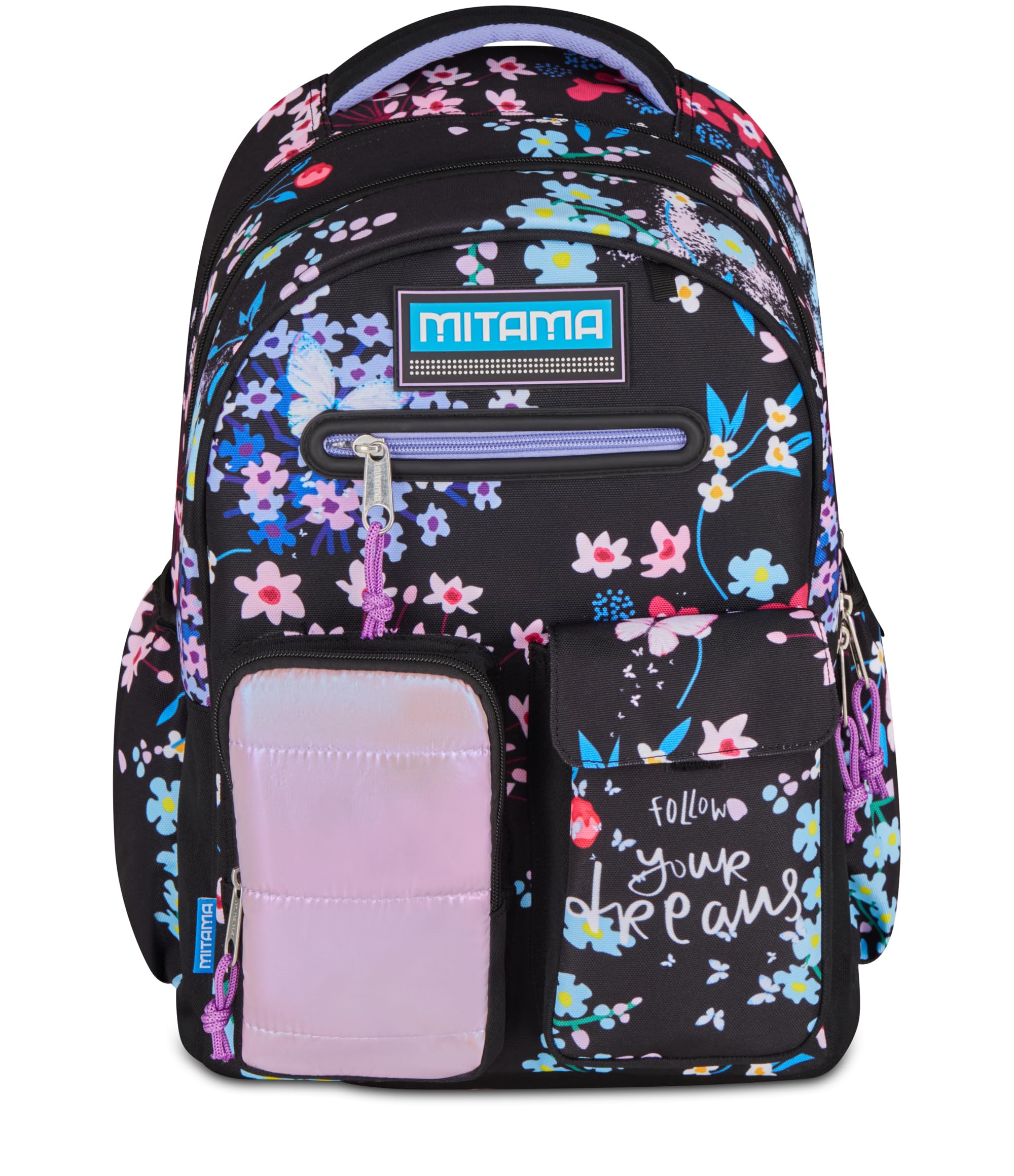 Mitama Zaino Scuola Elementare M-Power TrendyFlowers, Triplo Scomparto, Ragazzi e Ragazze, Tasca Porta Borraccia, Schienale Imbottito, viola