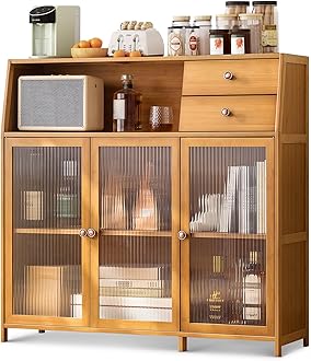 Bamboo Buffet Cabinet with Storage – Mid Century Modern Sideboard for Dining Room, Kitchen Coffee Bar, Farmhouse Buffet Table for Living Room Organization,Brown