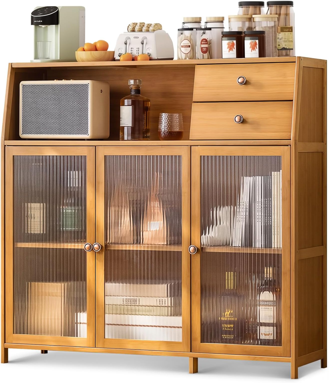 Bamboo Buffet Cabinet with Storage – Mid Century Modern Sideboard for Dining Room, Kitchen Coffee Bar, Farmhouse Buffet Table for Living Room Organization,Brown