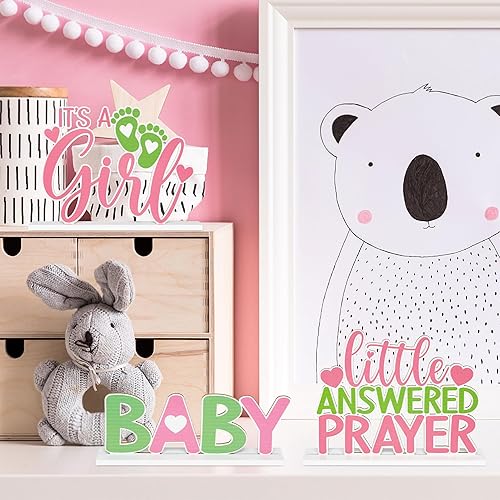 Miniatura 4 de Centros de mesa de madera rosa para baby shower, 3 piezas, con texto en inglés "It's A Girl", letrero de oración contestada, decoración de madera