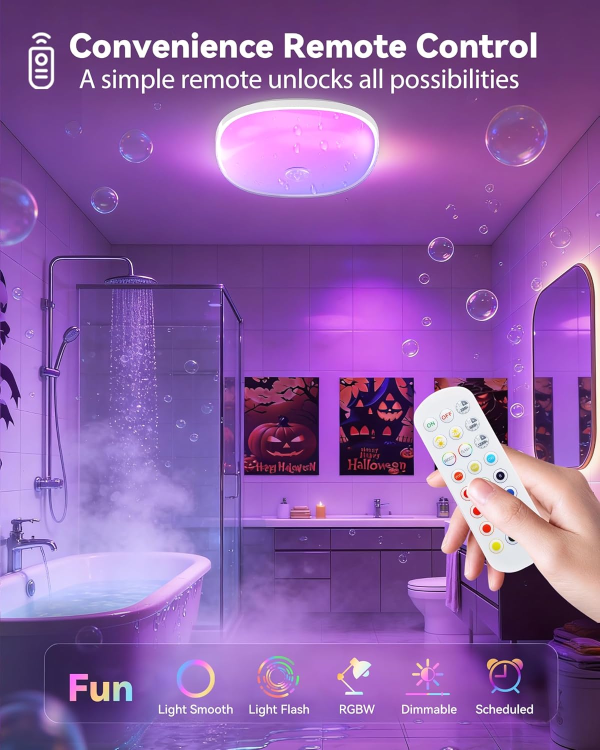 IP65 Waterproof Rechargeable Shower Light - 6″ 300LM Bright, 16 Colors Bathroom Mood Lighting with Touch & Remote, Magnetic Wireless Ceiling/Wall Light for Inside Shower/Bathtub - Image 4