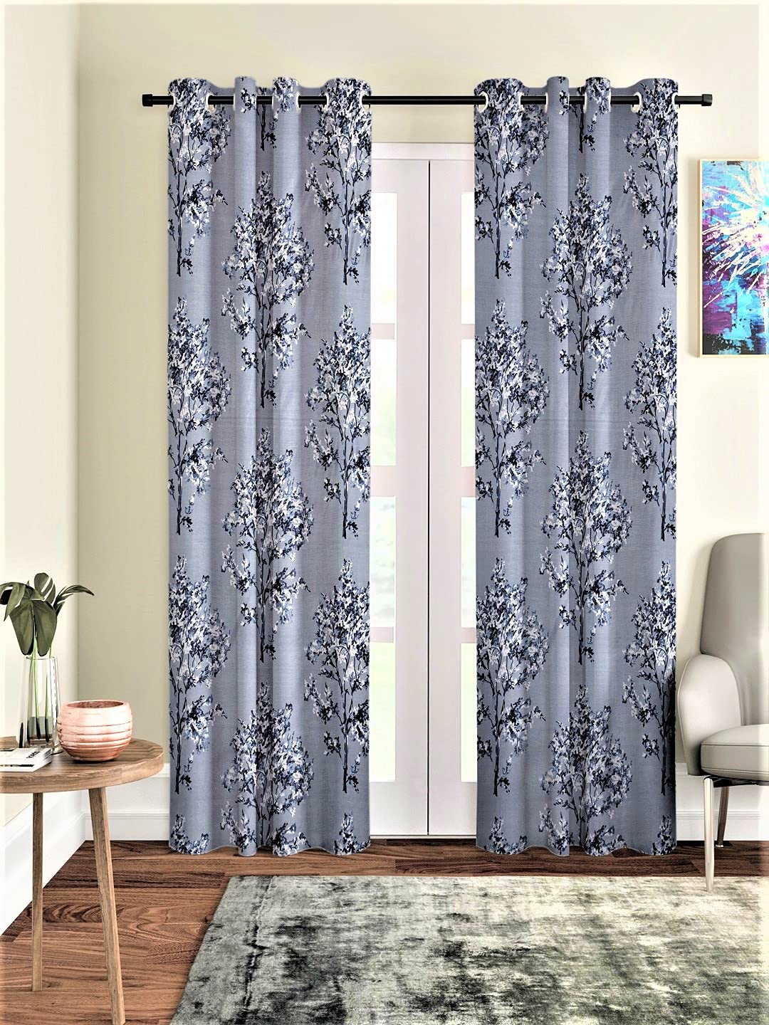 Fashion String 2 Pieces Floral Blossoms Eyelet Polyester Long Door Curtains - 9 Feet, Grey