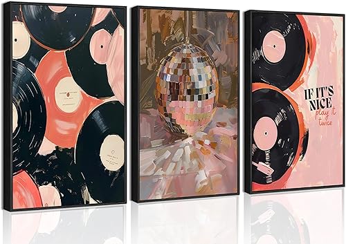 Danseed 3 piezas de arte de pared de música vintage con diseño de bola de discoteca moderna, decoración de pared, decoración de pared para