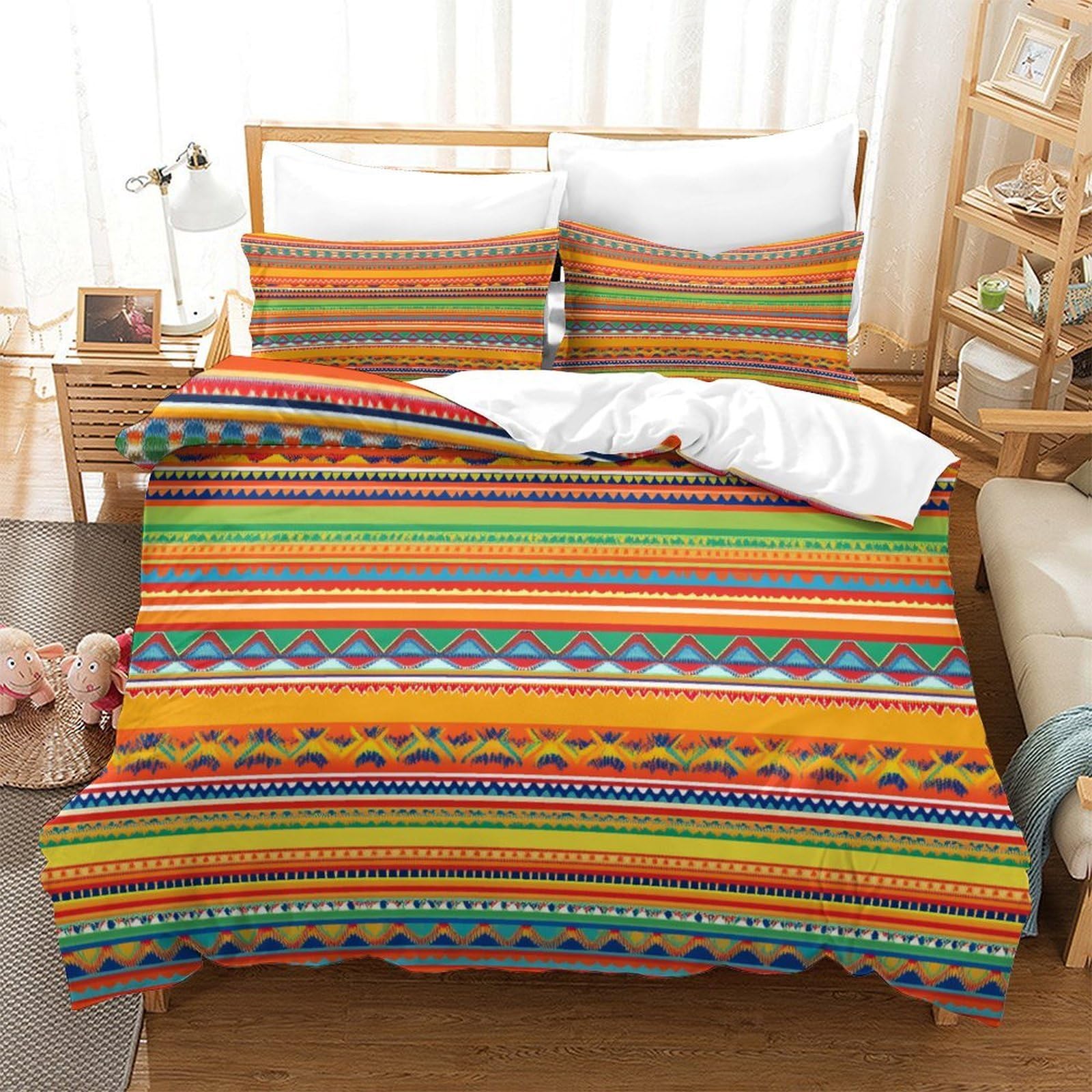 Ethnisches Muster 3-teiliges Pflegeleichtes Polyester BuntBohoStyle Kinderbettwäscheset, 2 Kissenbezug, Unsichtbarer Reißverschluss, Babysicher & Gifffrei King（220x240cm）