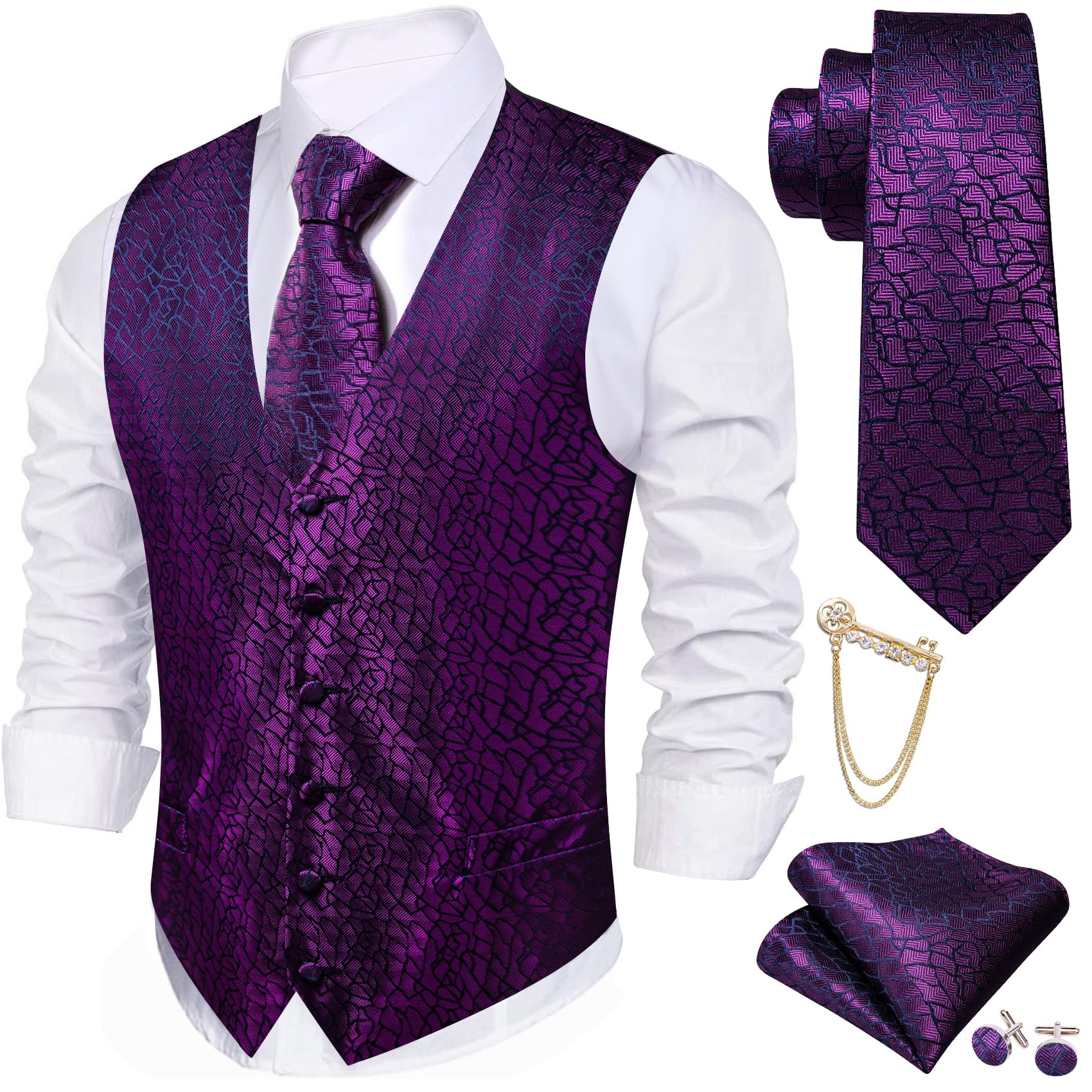 Barry.Wang Mens Suit Vest Floral Silk Waistcoat Ties Formal/Leisure 5PCS