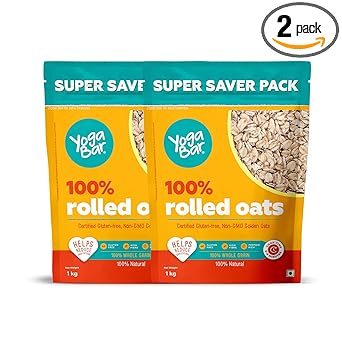 Yogabar 100% Rolled Oats 2 kg (1 Kg Pack of 2 Pouch) | Gluten-Free, High-Fibre Wholegrain Oats | Nutritious Breakfast Cereal, Easy-to-Cook - image, photos