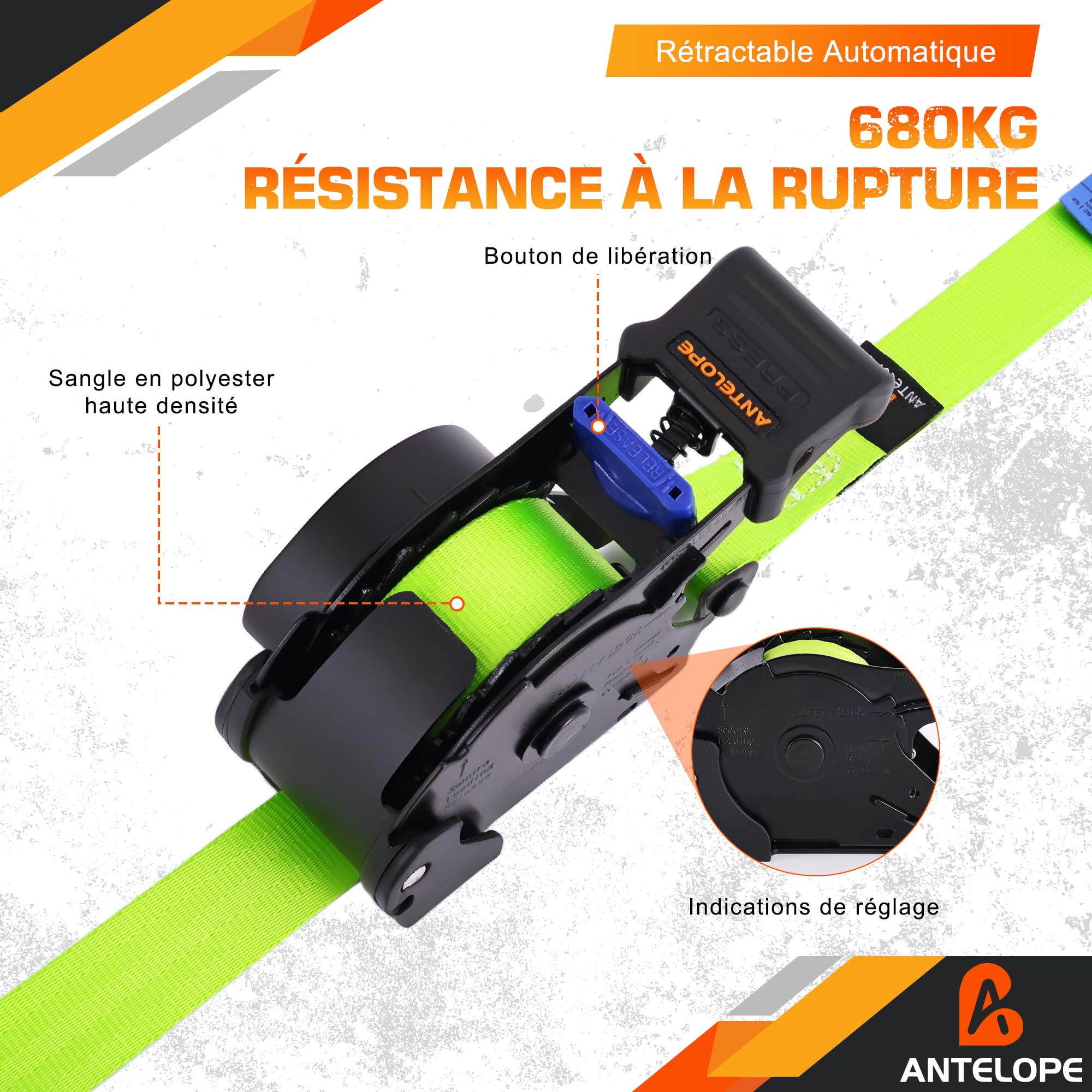 A ANTELOPE Cinghia di serraggio automatica 3,6 m x 25 mm, 4 pezzi Avvolgitori automatici per cinghia di tensione, 340 kg/680 kg, cinghie retrattili con cricchetto e ganci per moto, kayak e camion