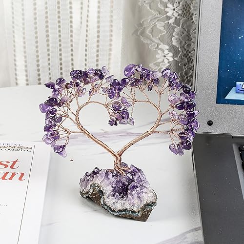 Miniatura 4 de TUMBEELLUWA - Árbol de dinero con piedras de cristal con base de racimo de amatista natural, hecho a mano, diseño de corazón, árbol bonsái para