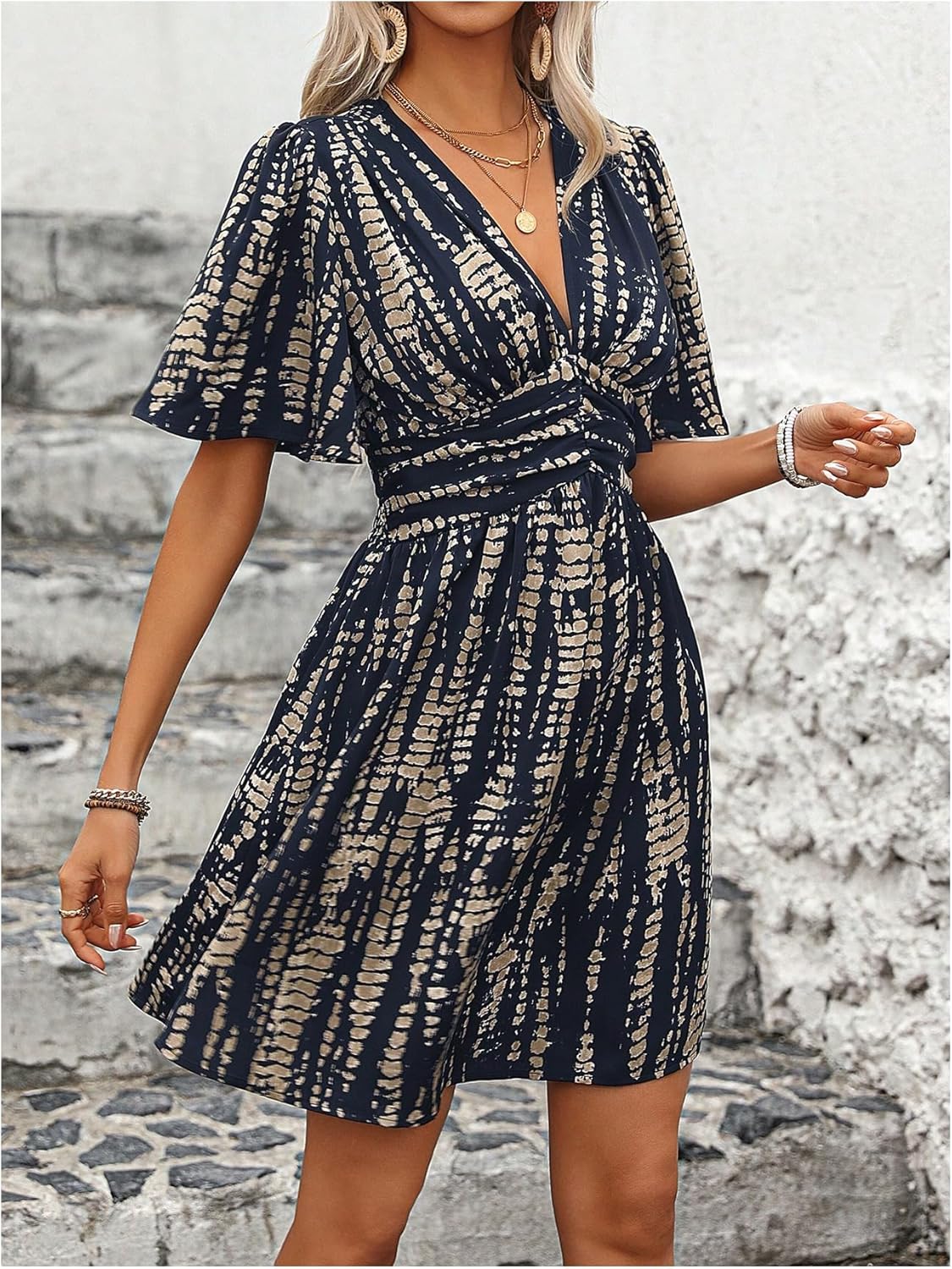 Floerns Women's Snakeskin Print V Neck Short Dress Flutter Sleeve A Line Flowy Dresses - Image 2