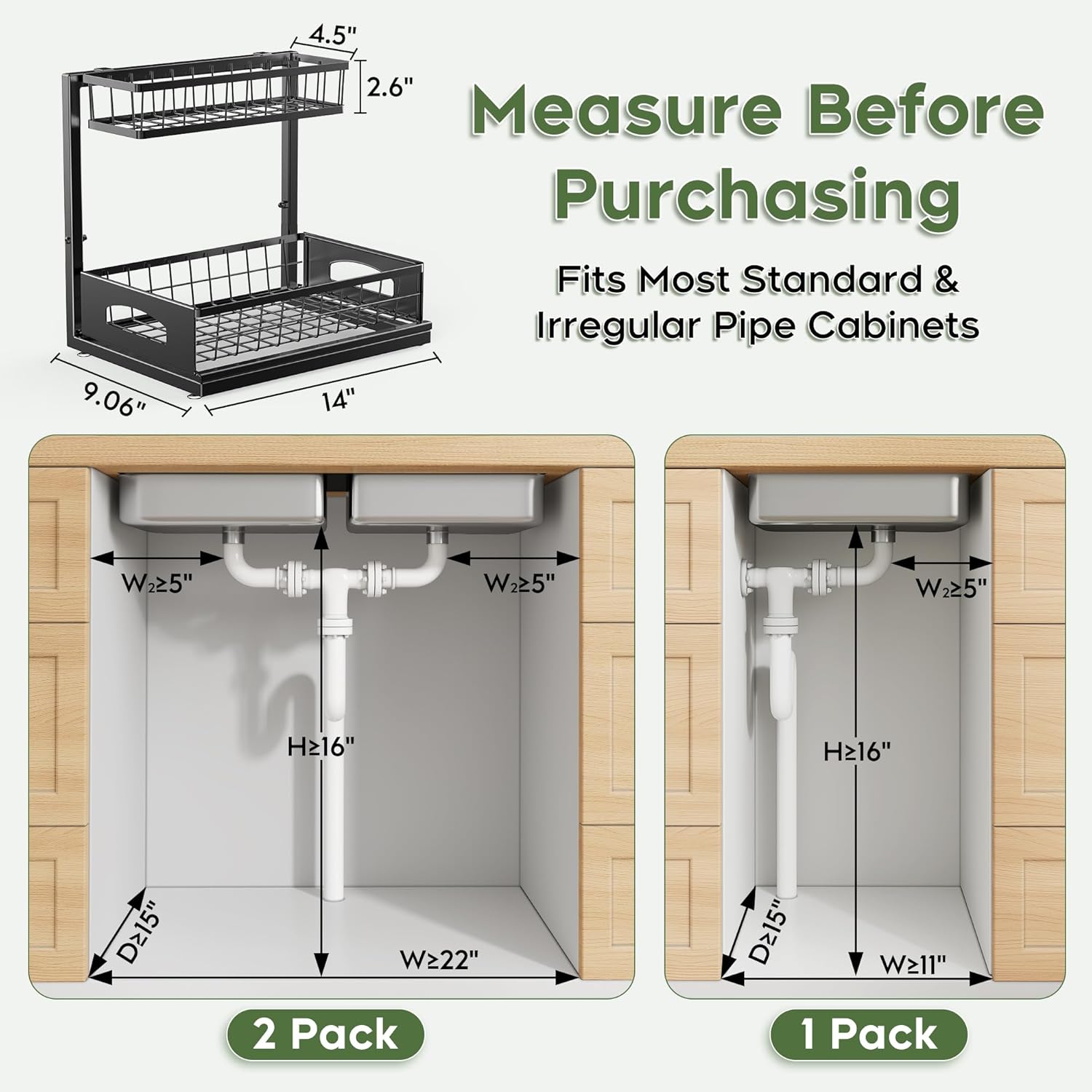 Under Sink Organizer, 2 Pack Cabinet Organizer for Kitchen, Height Adjustable Pull Out Heavy Duty 2 Tier Metal Under Sink Storage for Bathroom Pantry (Black, 2 Pack) Black 2 Pack