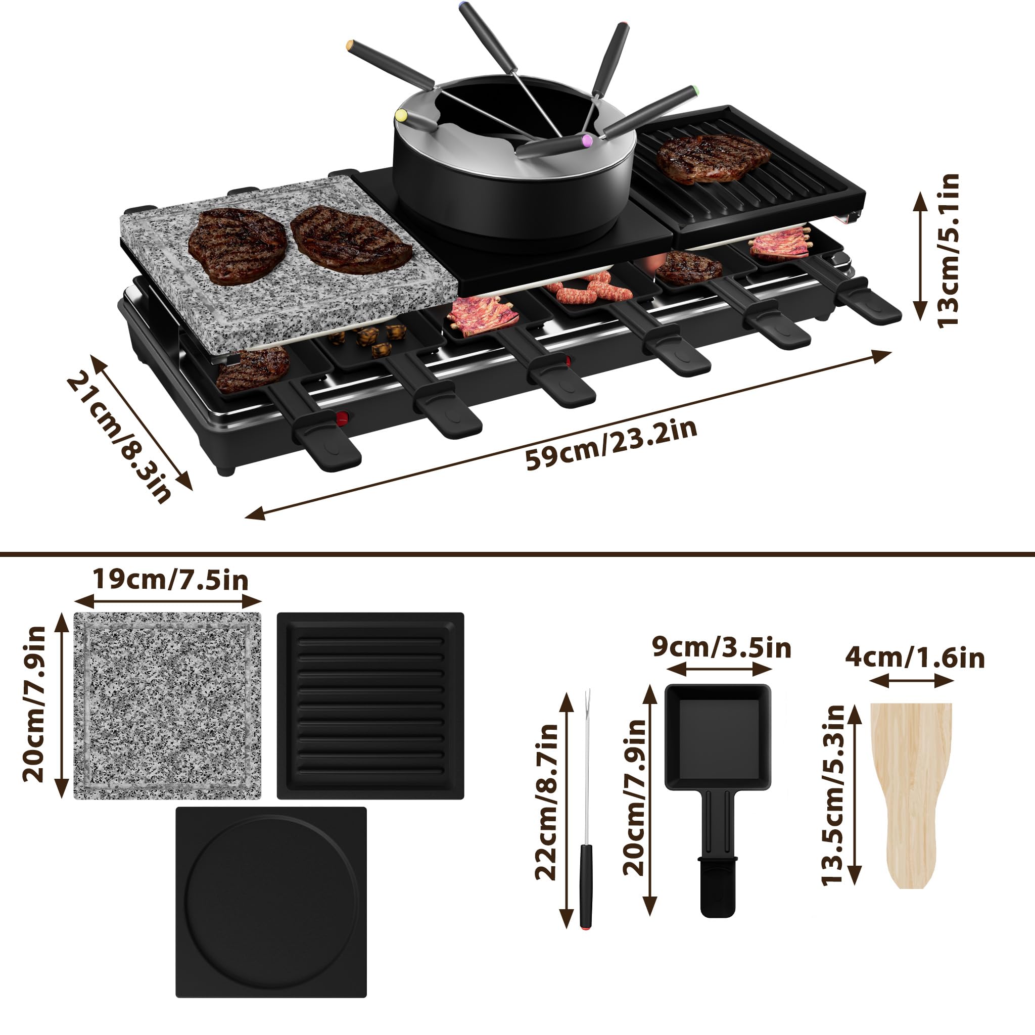 UISEBRT Raclette Grill per 12 persone, macchina da raclette 3 in 1 con padella, set per fonduta, pietra calda, 12 padelle e 12 spatole per legno, piastra per raclette antiaderente, 1650 W