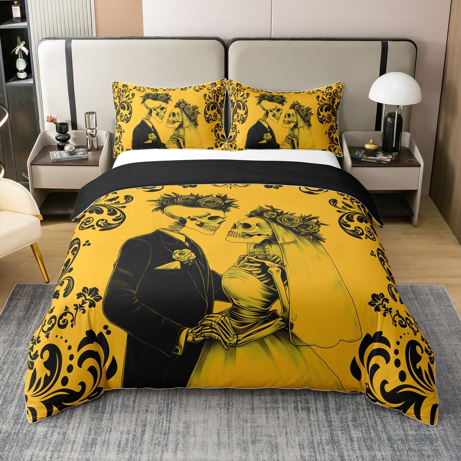 Halloween Gothic Skull Duvet Cover Double Damask Skeleton Goth Comforter Cover for Wife Husband,Yellow Black Couple Rose Skull Bedding Set Romantic Valentines Day Bed Set with Corner Ties