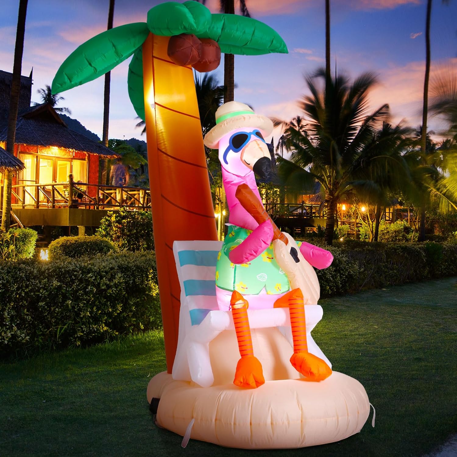 6 ft Inflatable Flamingo Beach Party Decor with Coconut Tree, Blow up Hawaiian Summer Tropical Pool Decoration for Outdoor Home Garden Luau Party