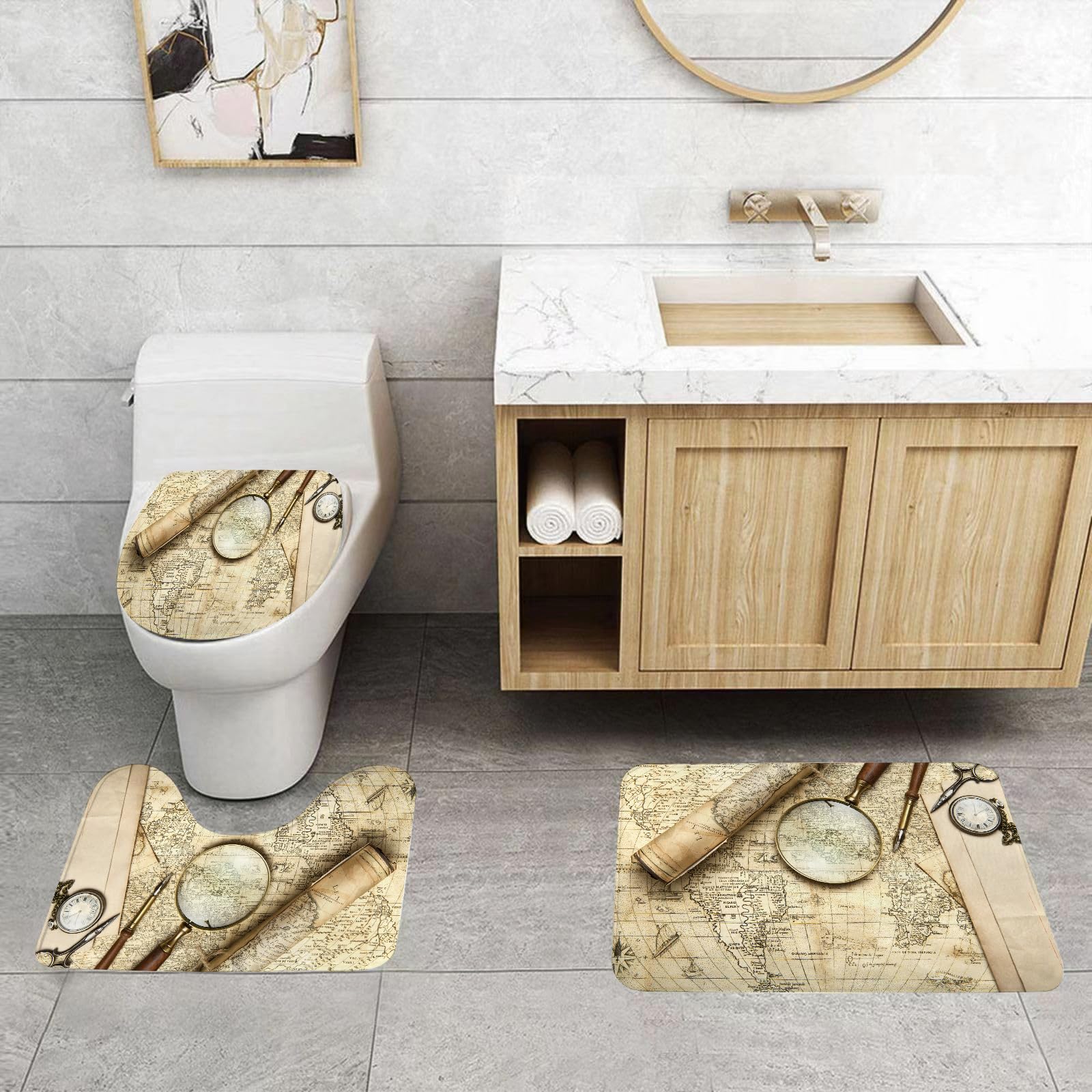 Set di 3 tappetini da Bagno, Lavabili in Lavatrice e Antiscivolo, in Morbida Fibra Superfine, con Mappa del Mondo Vintage e Oggetti retrò.
