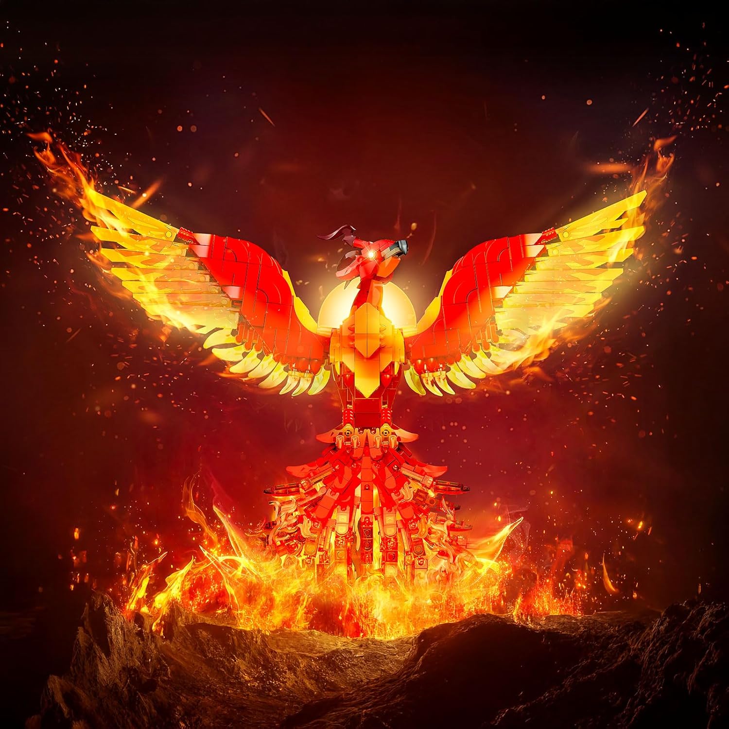 JMBricklayer Phoenix Nirvana Building Block Sets for Adults with LED Lights, Wall Art Crafts Painting Frame Building Set Magic Fire Phoenix Collection Model Bird Toy Gift Room Home Office Decor