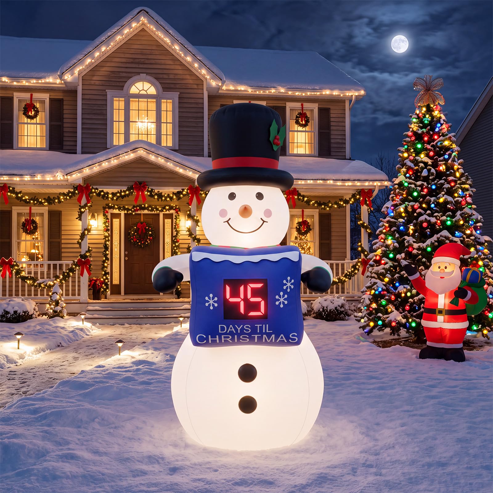 Foilswirl Bonhomme de neige gonflable de Noël de 1,32 m avec compte à rebours LED Bonhomme de neige gonflable Compte à rebours extérieur lumineux Décoration de fête de Noël pour la maison, la cour, le