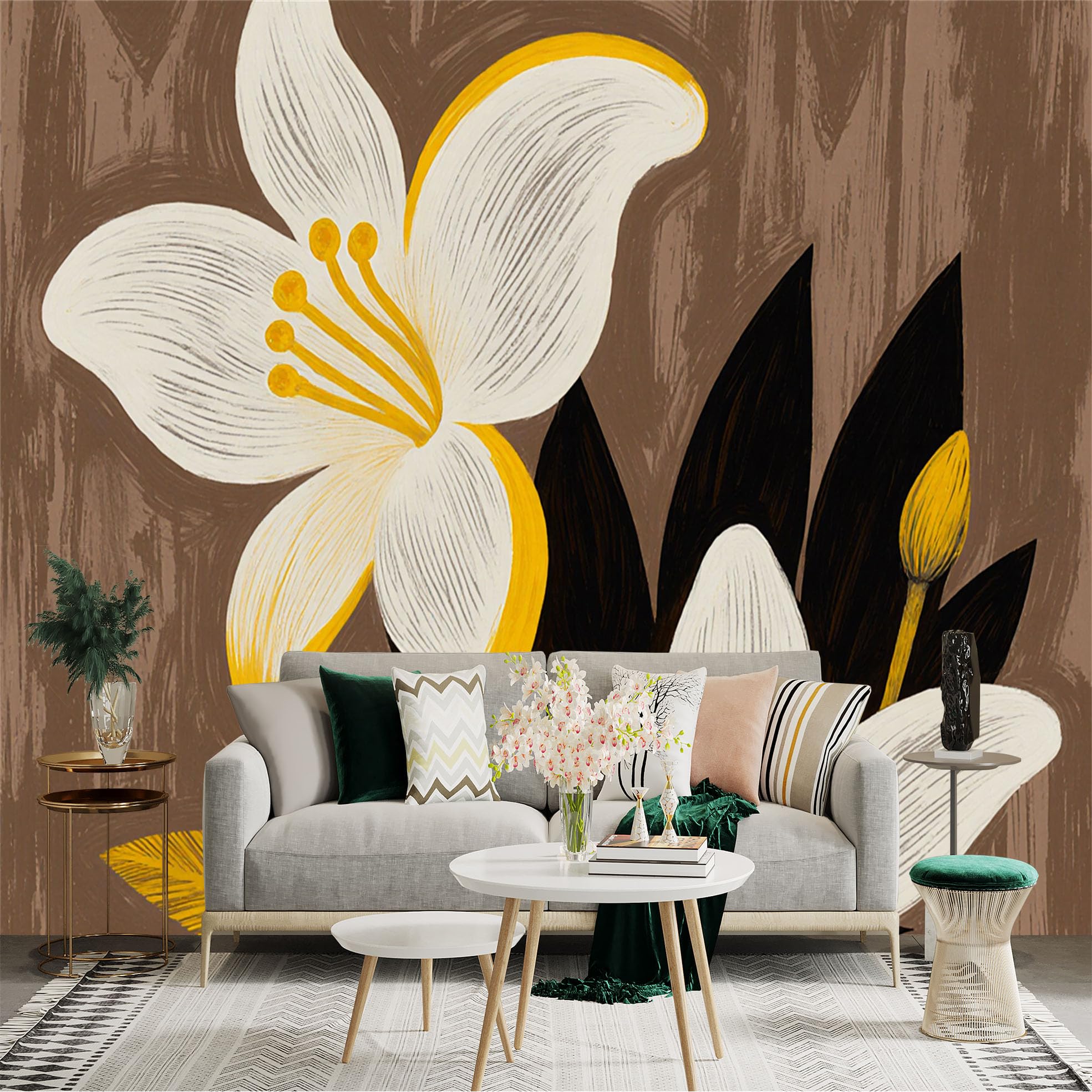 Custom Size Wall Sticker Mural， White Lily Flowers， Abstract Botanical Art， Modern Minimalist Floral Print， Brown Background， for wall Decoration， peelandstick wall Decals.