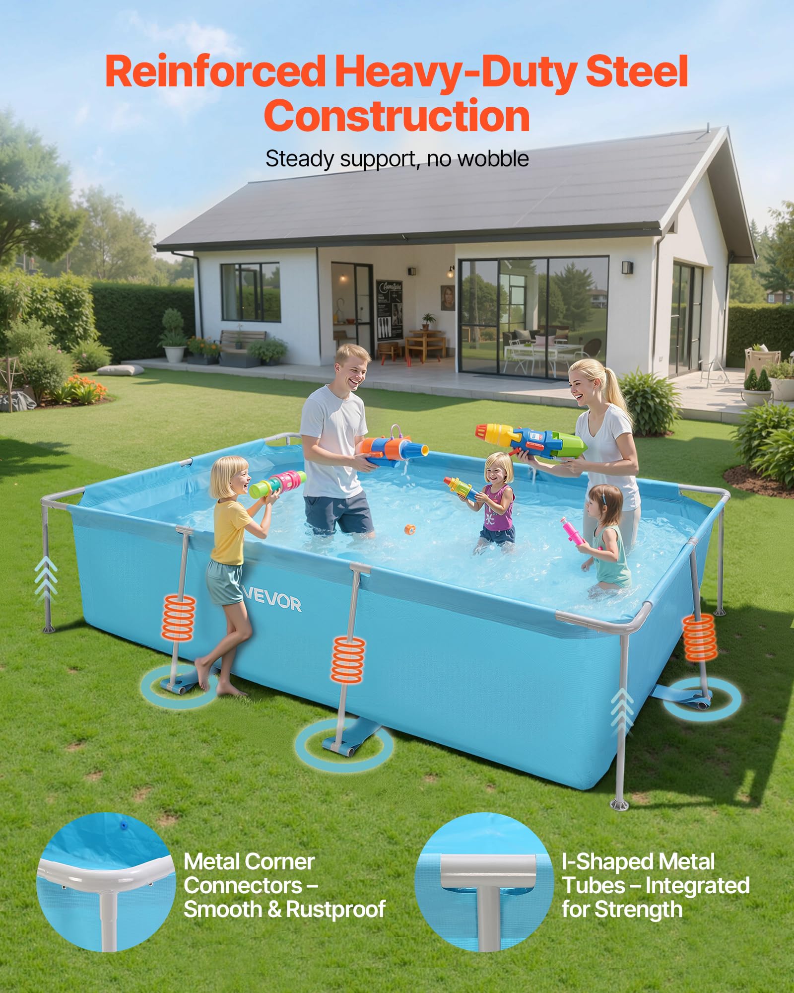 VEVOR Piscine Hors Sol à Cadre Métallique, 3 x 2 x 0,76 m, Grande Piscine Familiale Rectangulaire PVC, Structure Acier, Capacité Eau 3959 L, avec Système Drainage Débit Contrôlé, pour Extérieur, Bleu