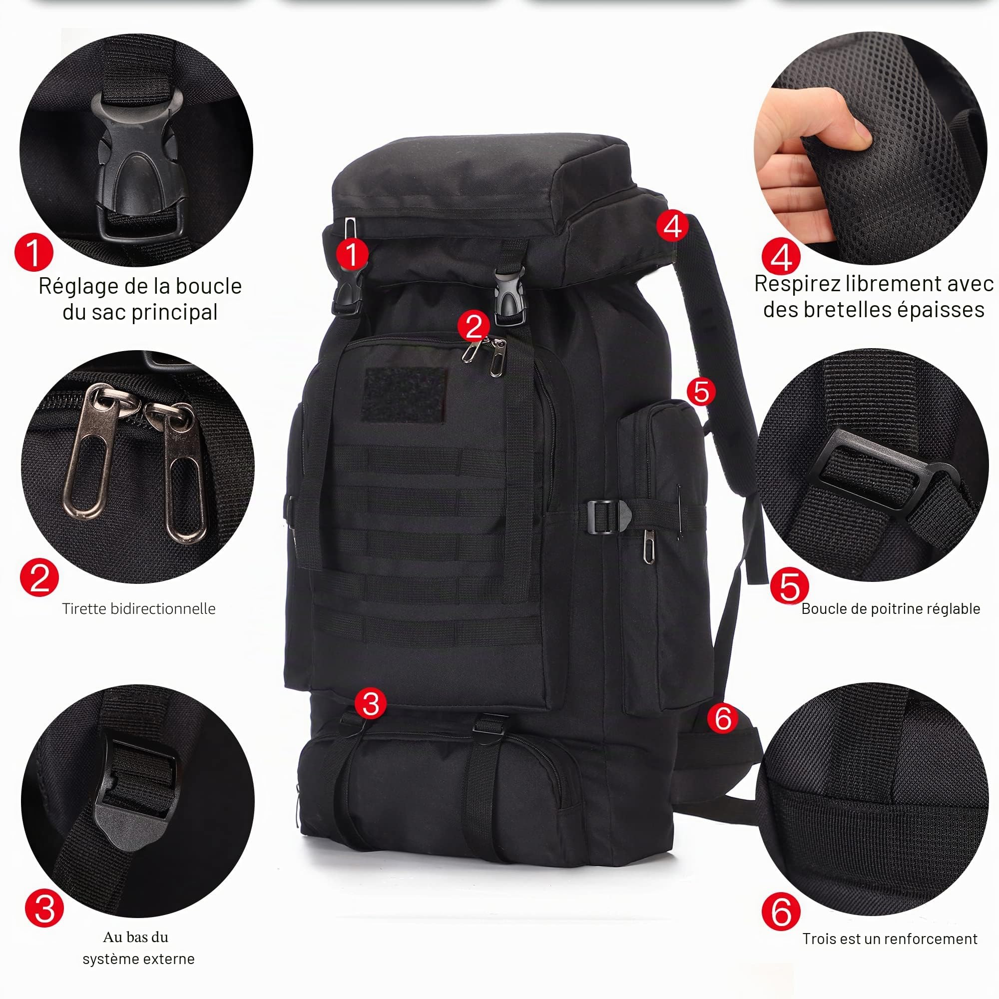Sac à dos imperméable Molle 70L/100L Sac à dos de randonnée Grand sac à dos pour voyage, Vert kaki
