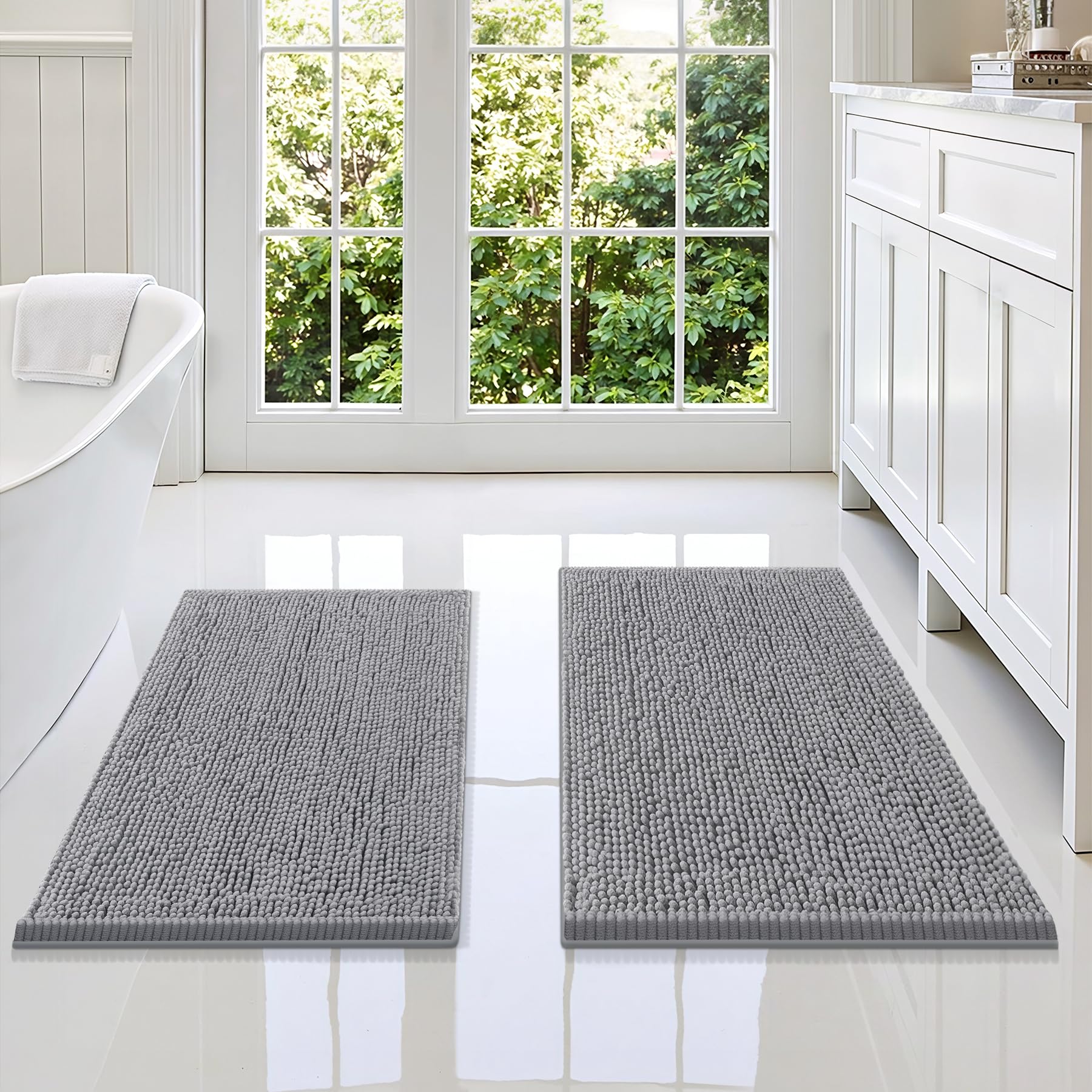 Smiry Chenille Bathroom Rugs Sets 2 Piece (34x21+30x20, Grey)