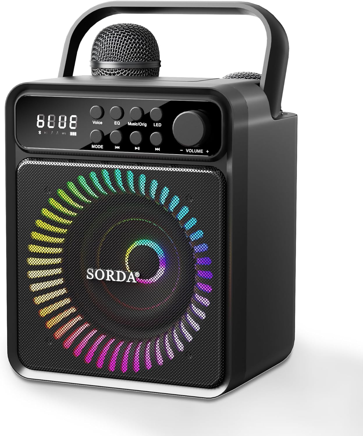 Front view of the SORDA SD-513 Portable Bluetooth Karaoke Machine with colorful LED lights and control panel.