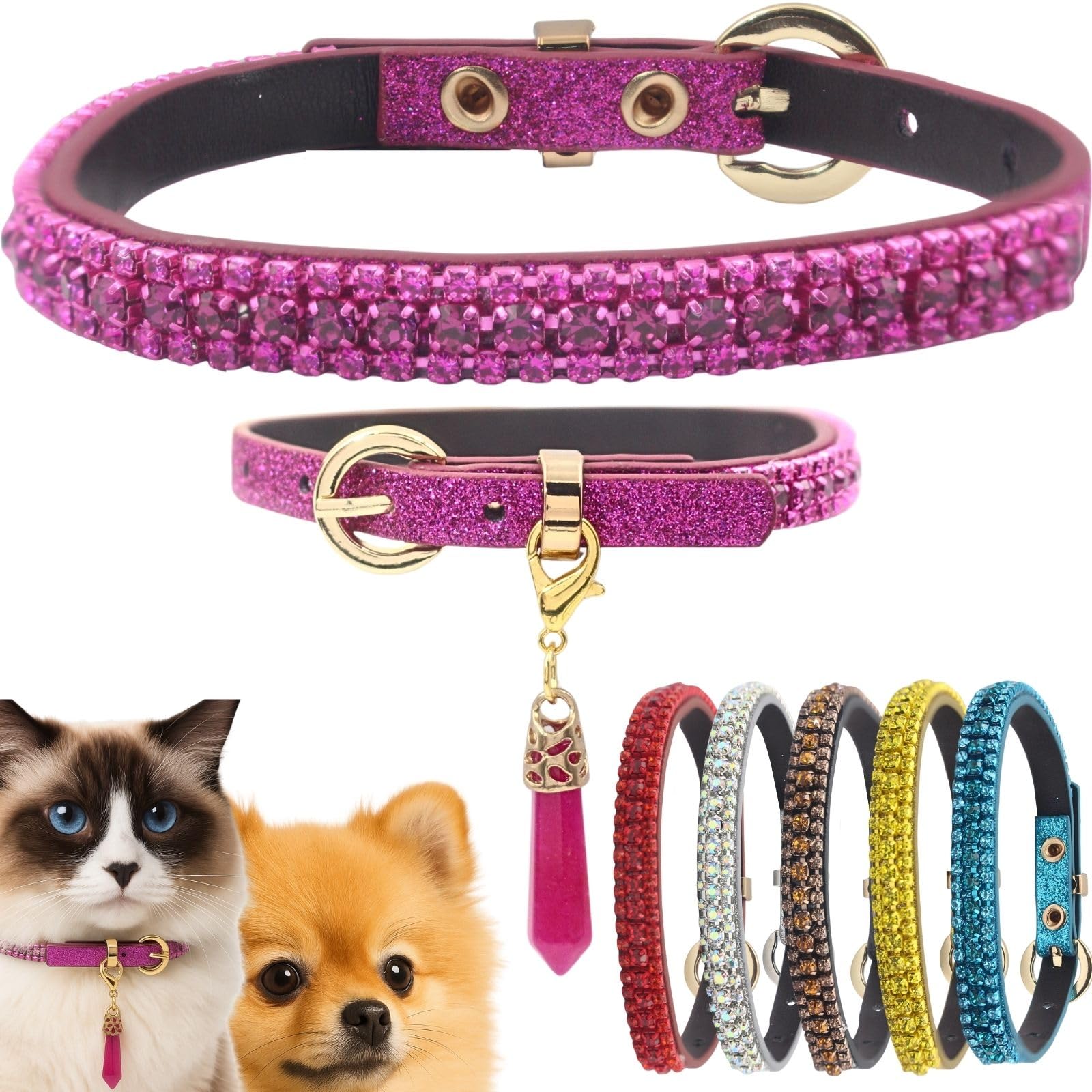 PEARLY JUN Fuchshia Diamante Dog Collar S Rhinestone Bling Dog Collar for Small Cat Cute Luxury Crystal Pet Puppy