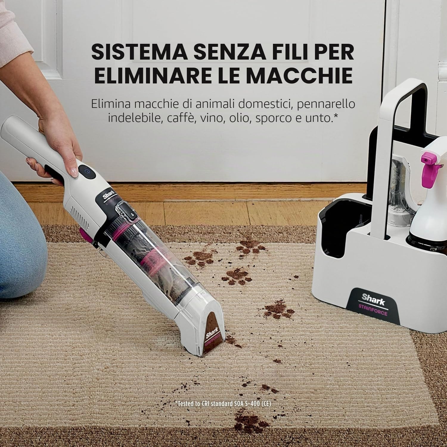 Shark StainForce HX100UKT - Detergente senza fili, leggero e portatile, elimina macchie e odori per tappeti, tappezzeria, auto, con contenitore, accessori e soluzione detergente da 500 ml
