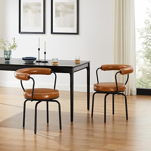 Miniatura 6 de Art Leon Silla de comedor, moderna silla giratoria decorativa, sillón tapizado de piel sintética con patas de metal negro para cocina, comedor, sala