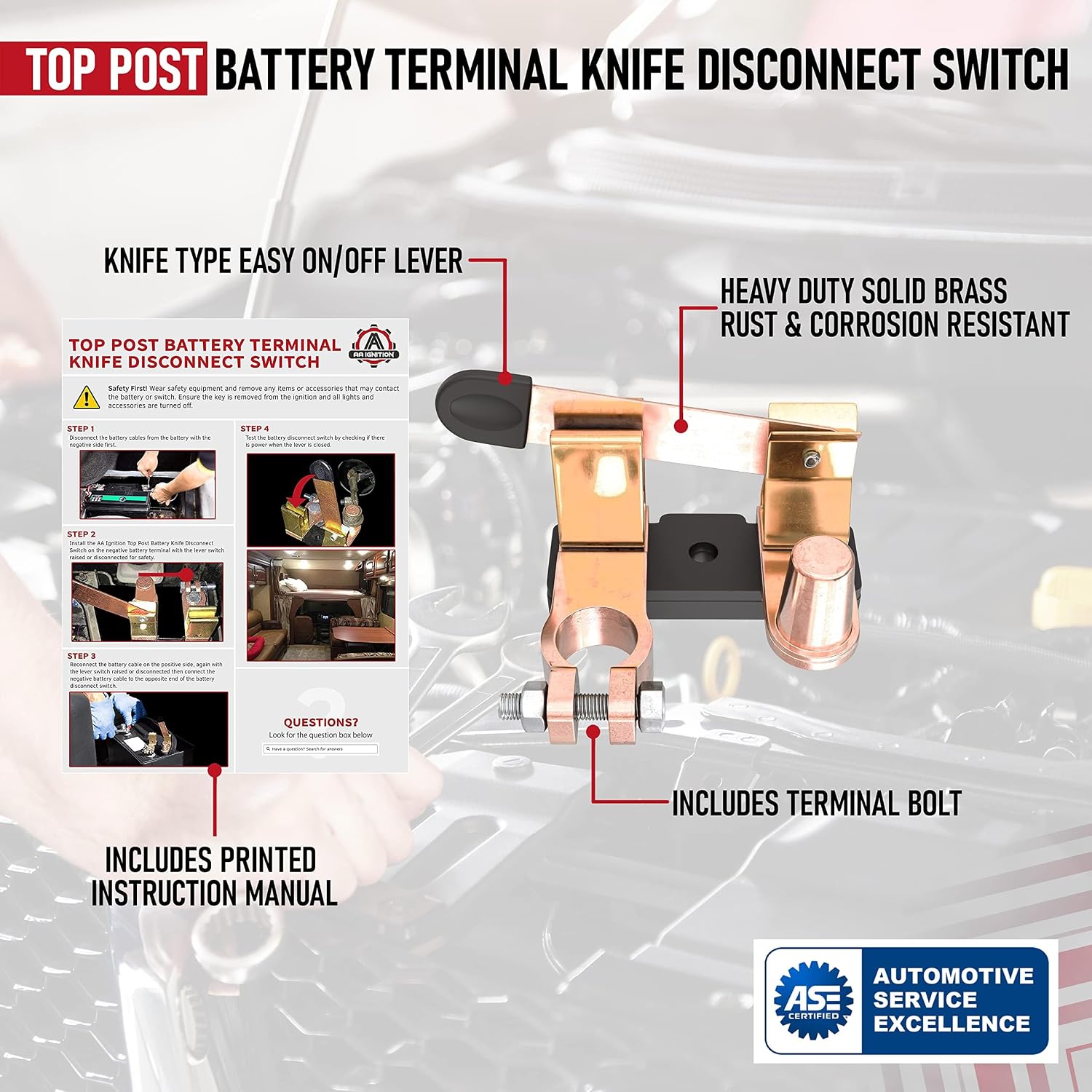 Battery Terminal Disconnect Switch 200 Amp 12V - Universal Fit - for Camper, Marine, Boat, ATV - Knife Disconnect Switch - Battery Kill Switch