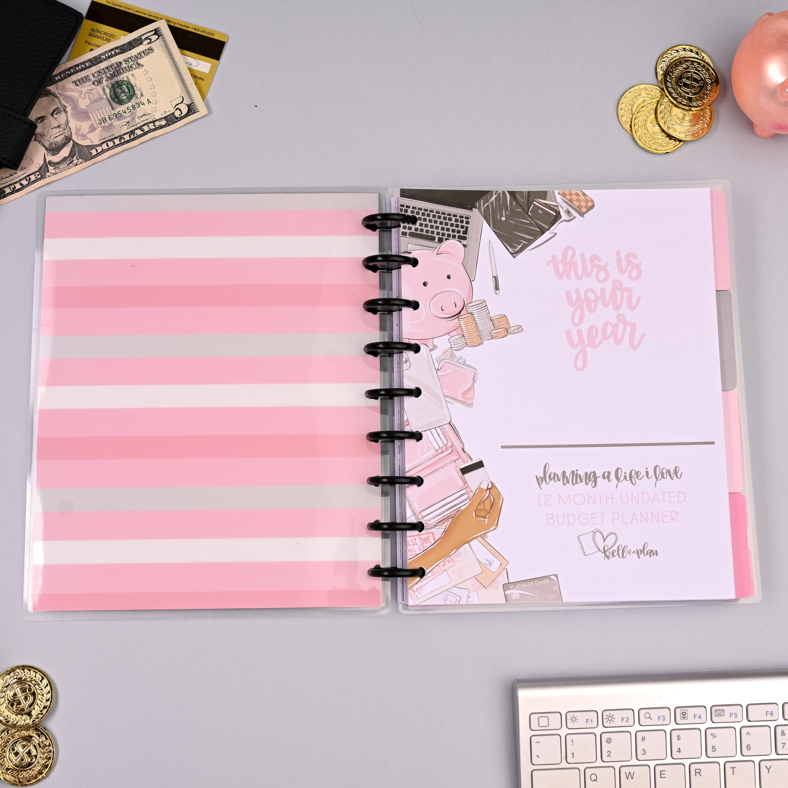 kellofaplan Budget Planner Bundle con Budget Basics Sticker Book e Cash Envelope Notebook, 12 mesi senza data, 15 buste trasparenti per contanti, rilegatura a disco
