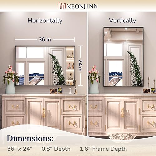 Miniatura 103 de Keonjinn Espejo de baño dorado de 48 x 36 pulgadas, espejo rectangular con marco de metal dorado cepillado, espejo de pared grande rectangular