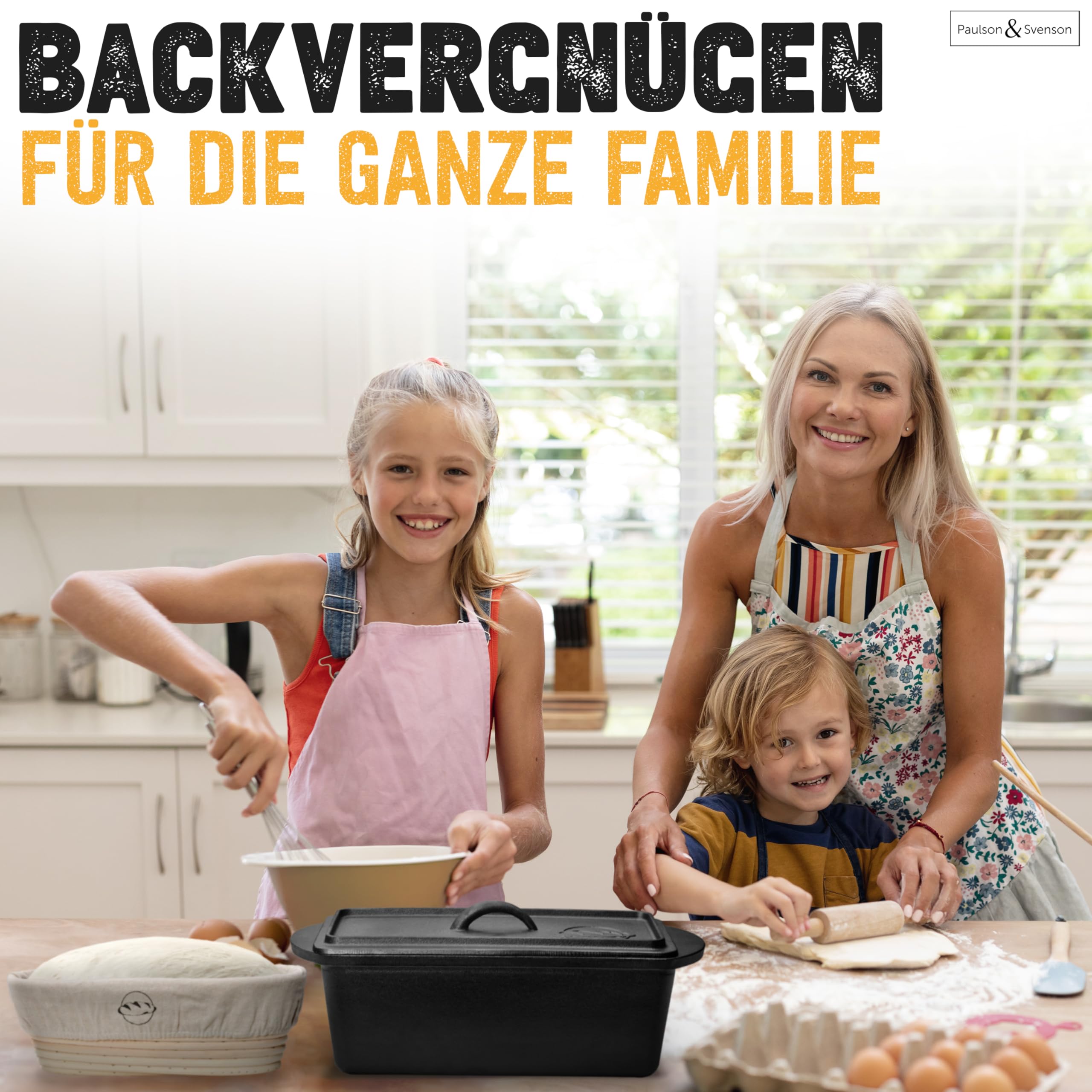 Paulson & Svenson - Brotbackform mit Deckel inkl. Gärkorb & Silikongriffe - Brotform aus Gusseisen zum Backen, Kochen, Grillen - Brottopf/Gusstopf in Kastenform (rechteckig) für frisches Kasten-Brot