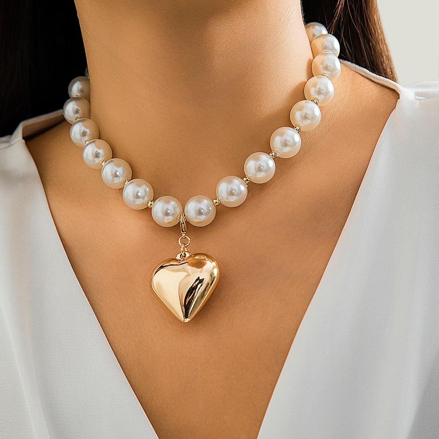 Heart Pendant Choker Necklaces for Women,Gold Plated Chunky Heart Necklace Pearl Beads Choker Necklaces Y2k Necklace Delicate Jewelry - Image 3