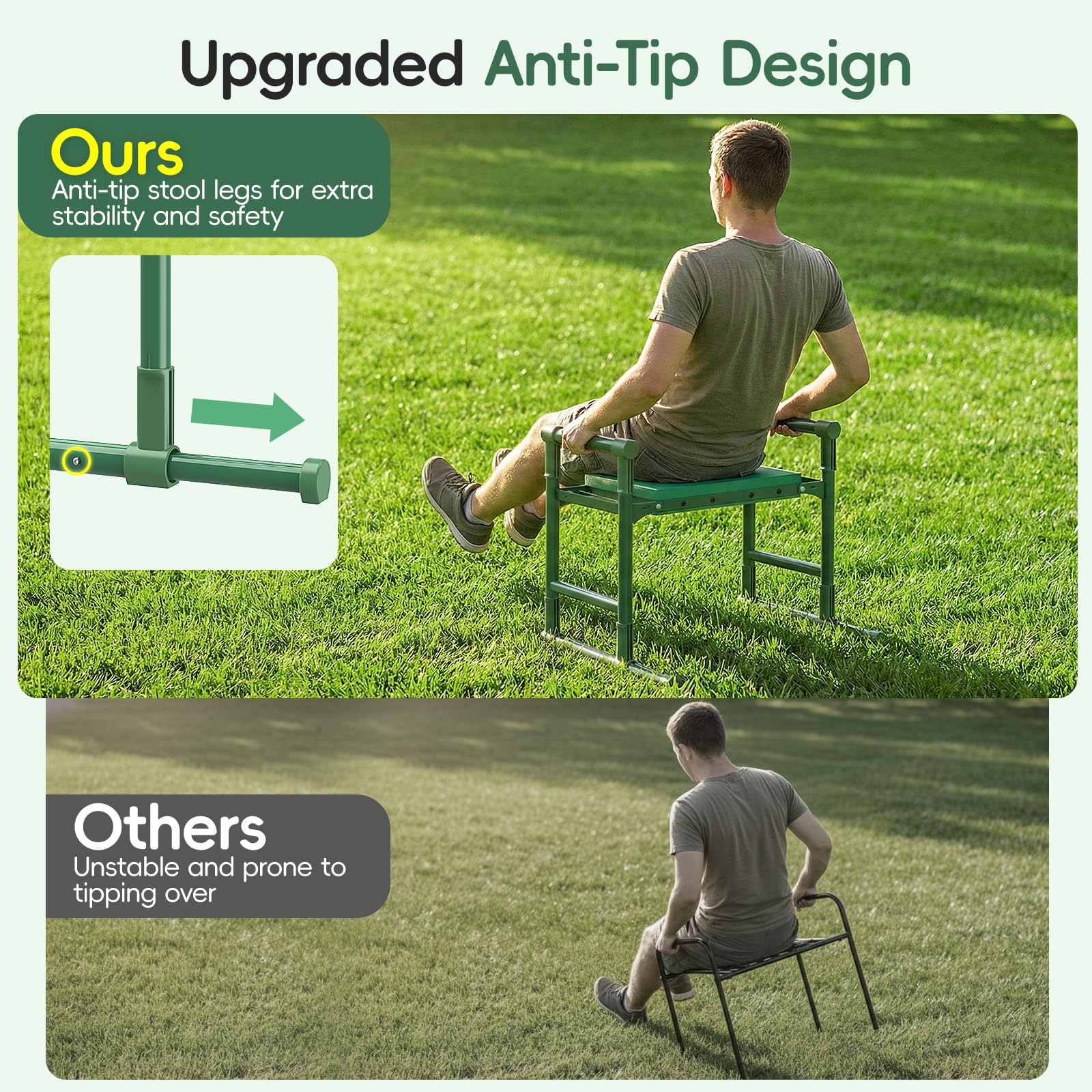Housolution Rodillera y Asiento de Jardín Patas Extensibles Anti-Caída, Taburete Plegable con 2 Bolsas Herramientas, Almohadilla Gruesa Suave – Regalo Jardinería para Mujeres Hombres Adultos Mayores