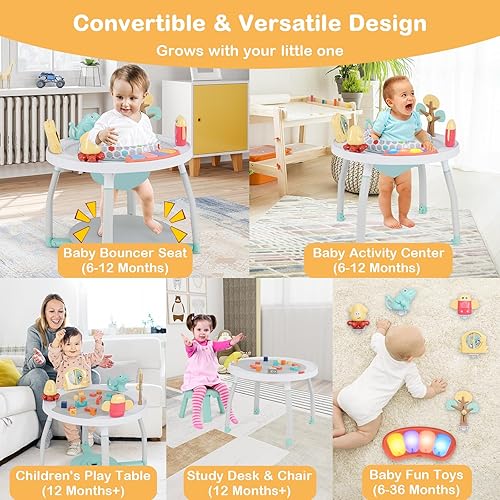 Miniatura 3 de HONEY JOY Centro de actividades para bebés, puente infantil 5 en 1 y mesa de juego de pie con asiento giratorio de 360, 6 juguetes, 3 alturas